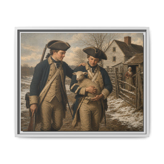 Museum-inspired historical portrait showing Revolutionary War soldiers returning a lamb near a colonial farmhouse.