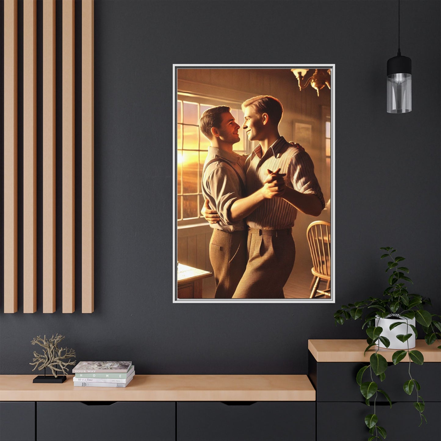 Art of a gay couple dancing in a sunlit dining room, inspired by Grant Wood’s Americana style and celebrating love.