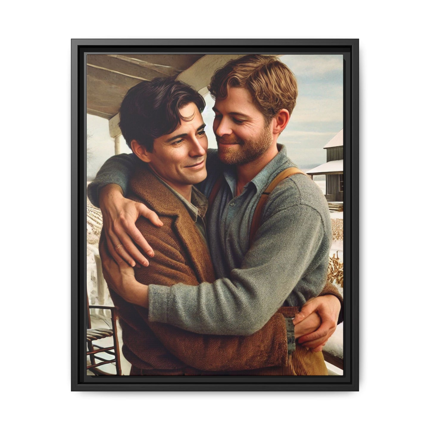 Artwork of a tender moment between two men embracing on a rustic farm porch in 1930s-style clothing. Set against a snowy, vintage rural backdrop, this image captures LGBTQ+ love and connection with a nostalgic Americana feel