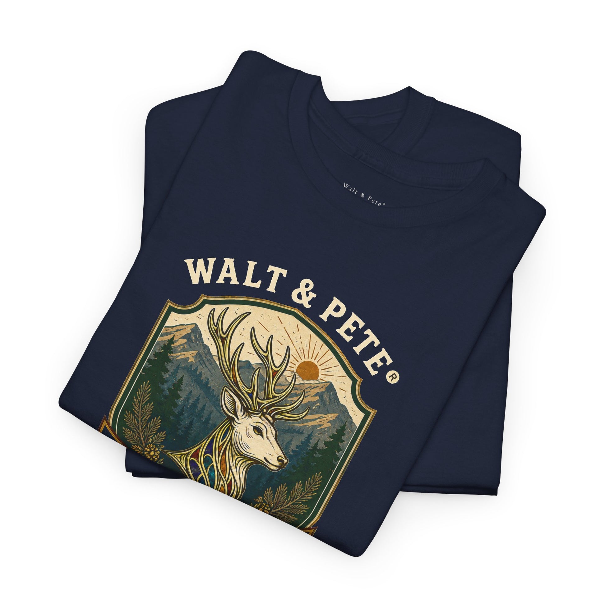 Front of Walt and Pete Good Company queer history T-shirt with heritage stag and mountain landscape