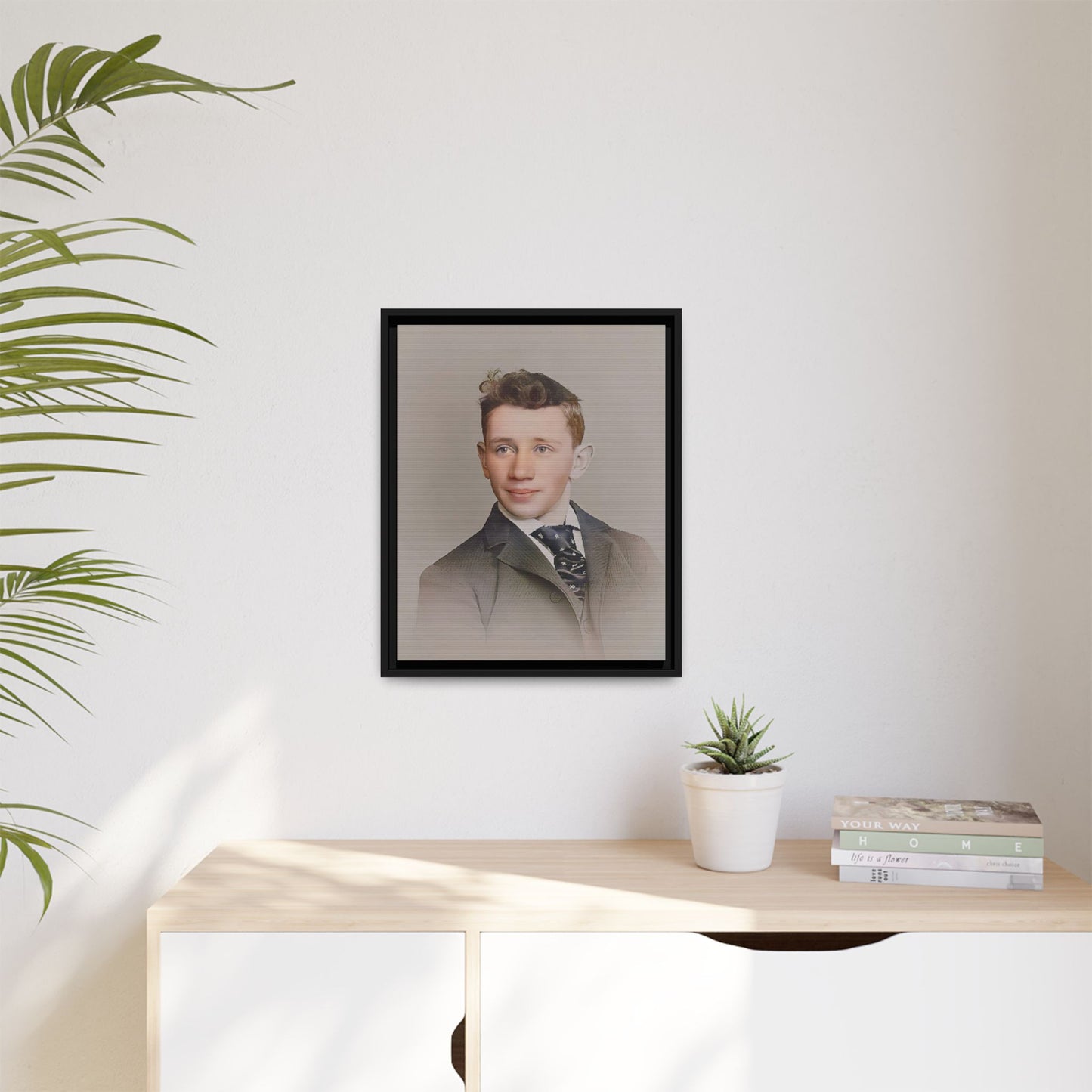 Restored vintage portrait of Leo from early 1900s Milwaukee, Wisconsin, featuring refined elegance and a patterned cravat. Framed matte canvas print celebrating timeless style and individuality.