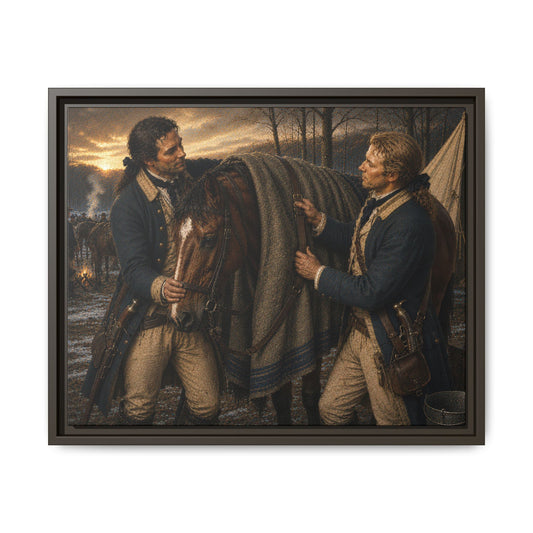 Continental Army soldiers adjusting a wool horse blanket during winter camp in the Revolutionary War.