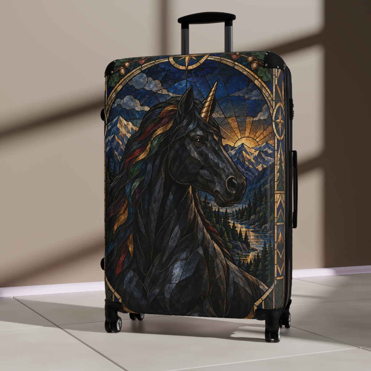 Guardian of the Rainbow Vale | Black Unicorn Stained-Glass Carry-On Suitcase