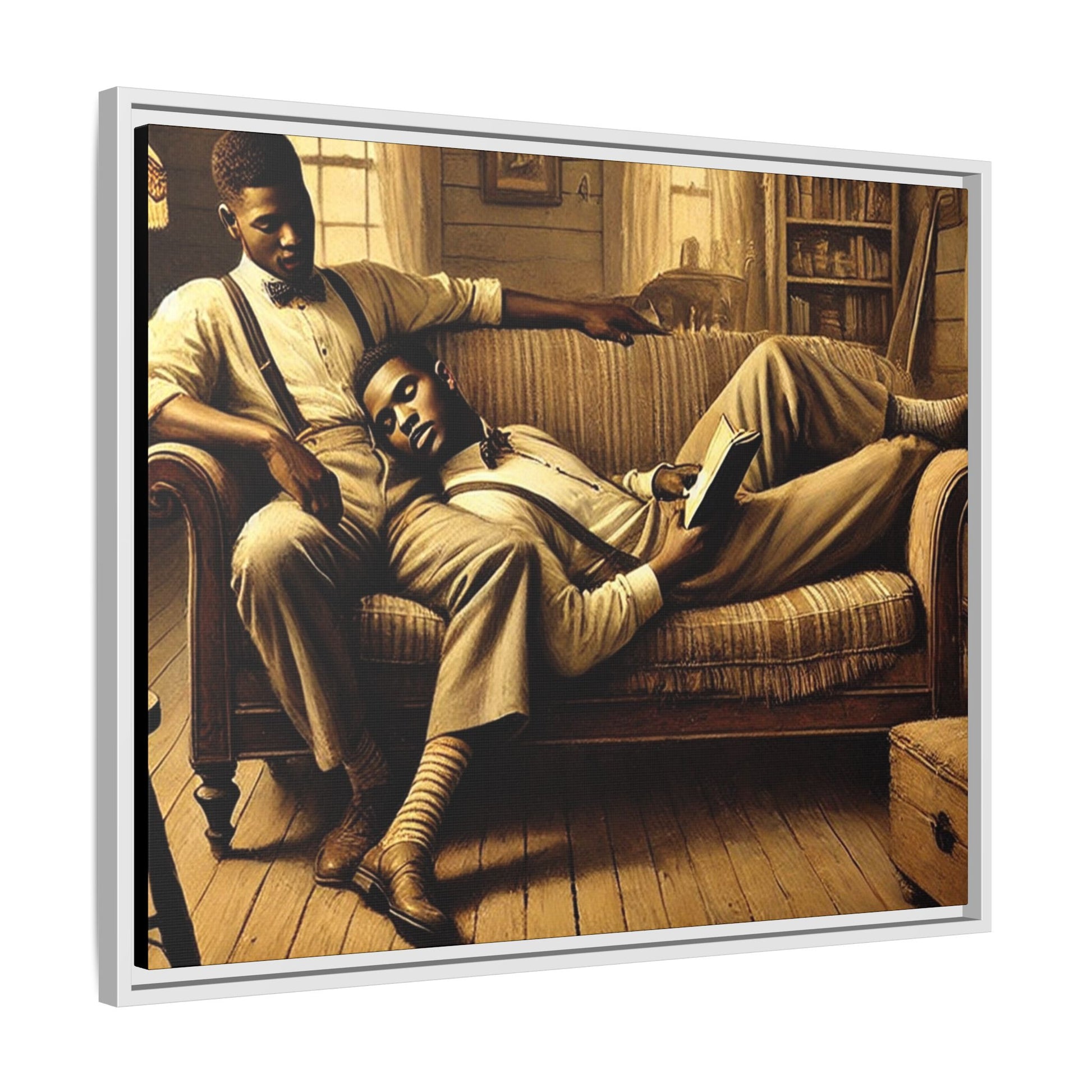 Framed artwork of an African-American gay couple sharing an intimate moment on a rustic sofa, inspired by Grant Wood’s style