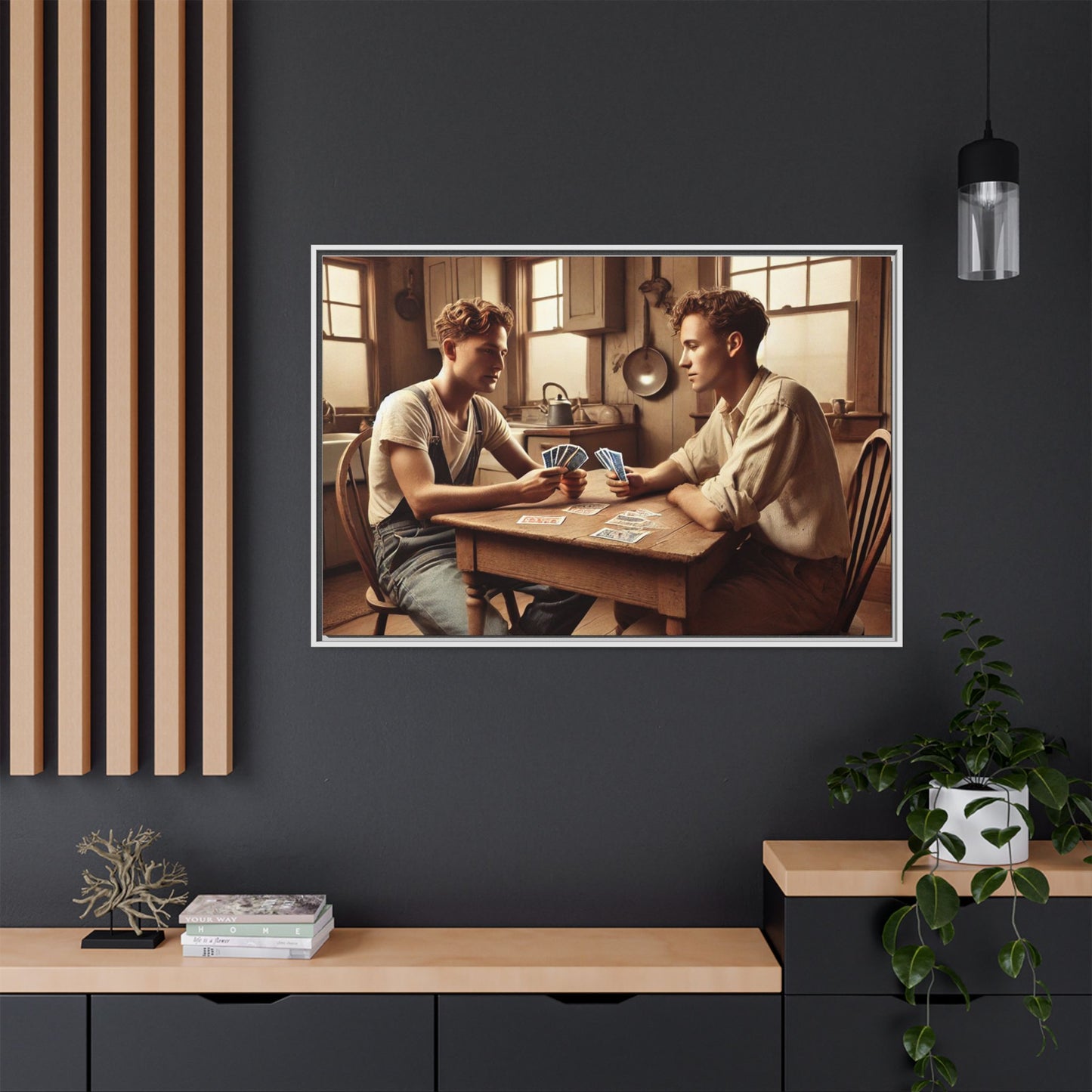 Intimate queer couple in a vintage kitchen, celebrating love and history