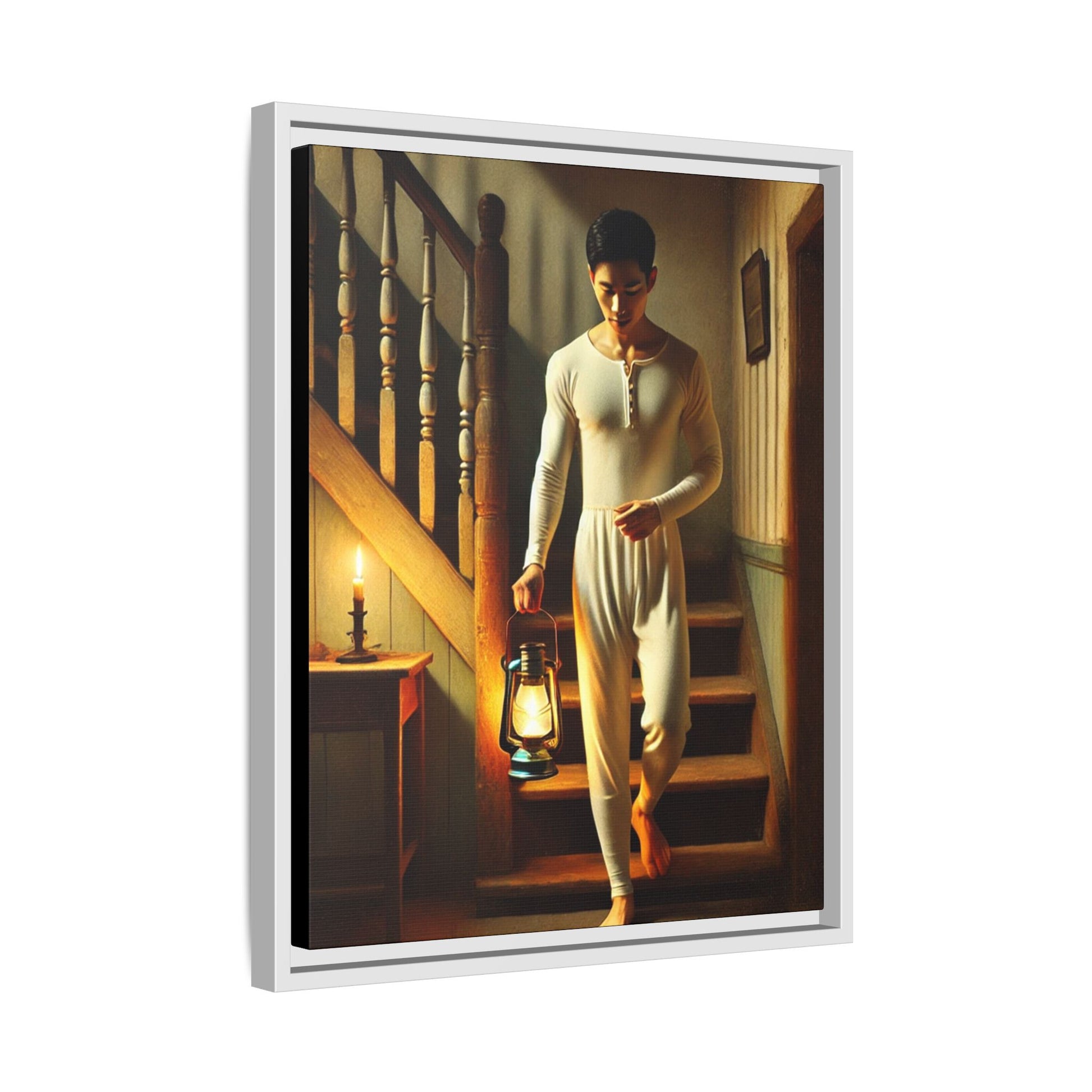 Framed artwork of an Asian-American man wearing long johns underwear holding a lantern on a staircase, inspired by Grant Wood’s style.