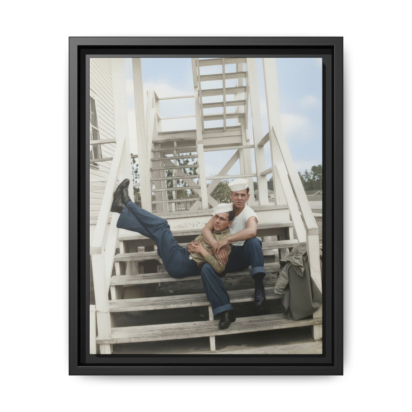 Mid-century naval double portrait framed canvas wall art with two men posed on exterior stairs
