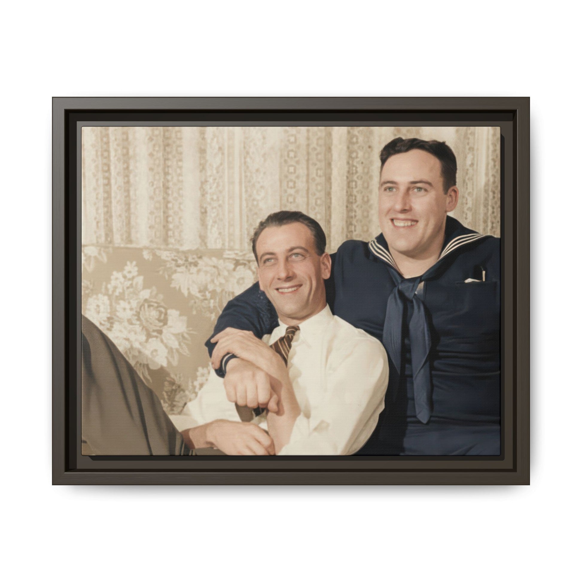 Historical indoor portrait with sailor uniform and floral upholstery canvas print