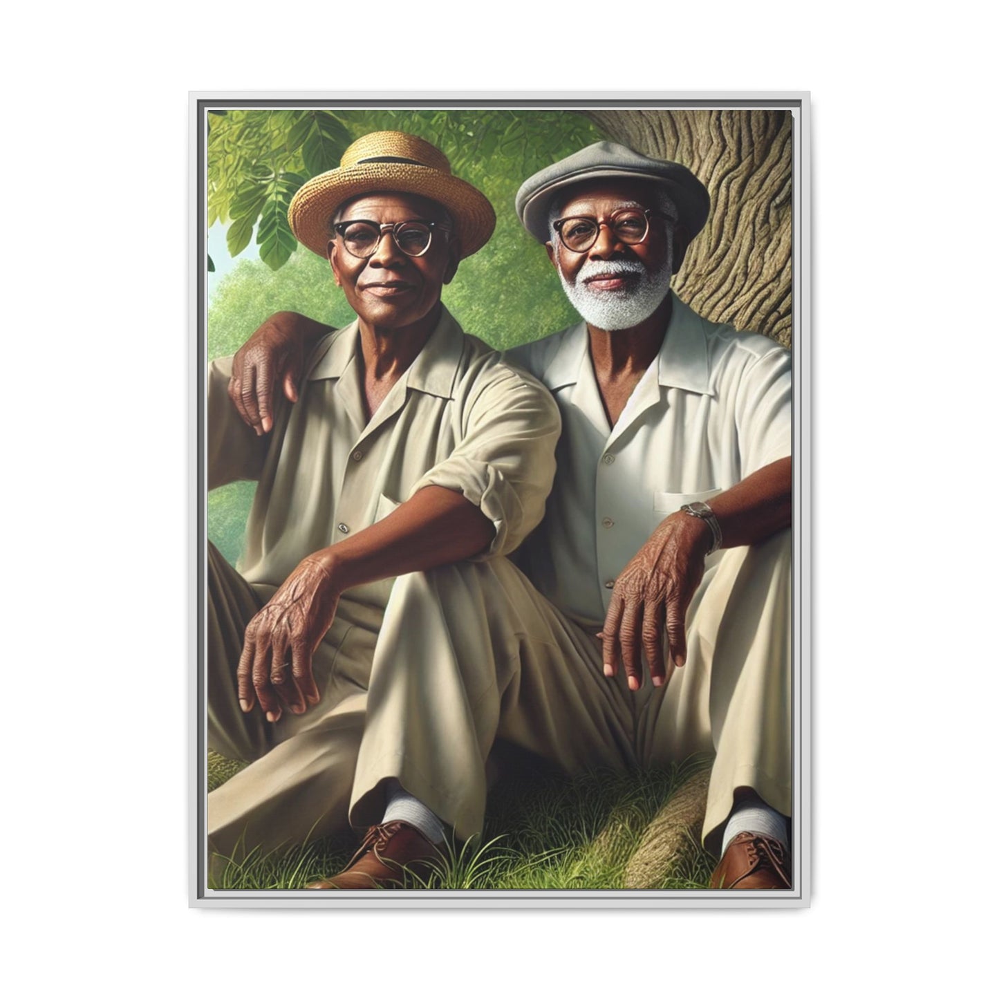 Framed artwork of a gay African-American couple in Cedar Rapids, Iowa, 1930s, celebrating love and resilience.