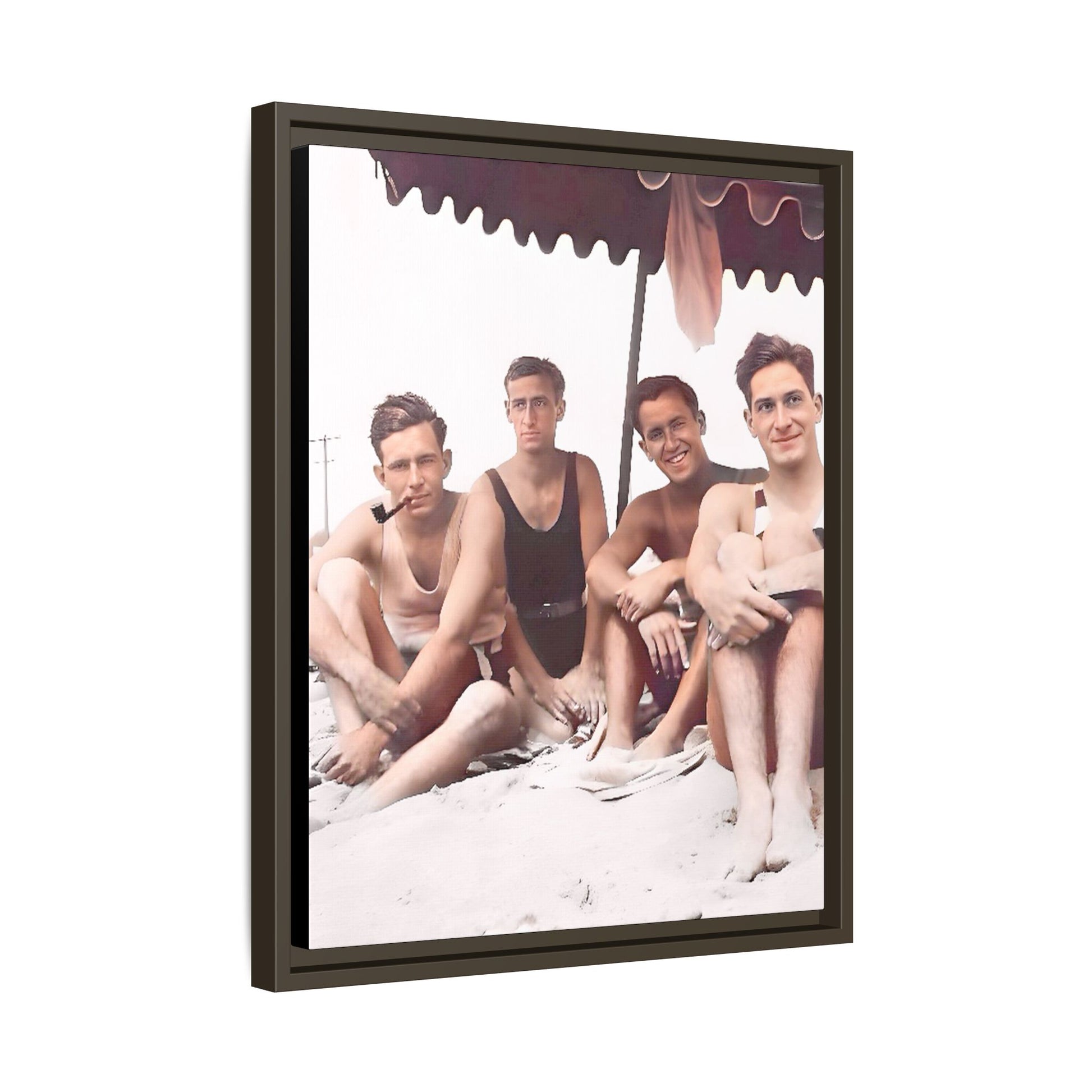 Restored vintage 1920s photograph of men enjoying a sunny beach day in Asbury Park, New Jersey, under a striped canopy. Framed matte canvas print celebrating LGBTQ+ history, joy, and camaraderie. Gay Friends