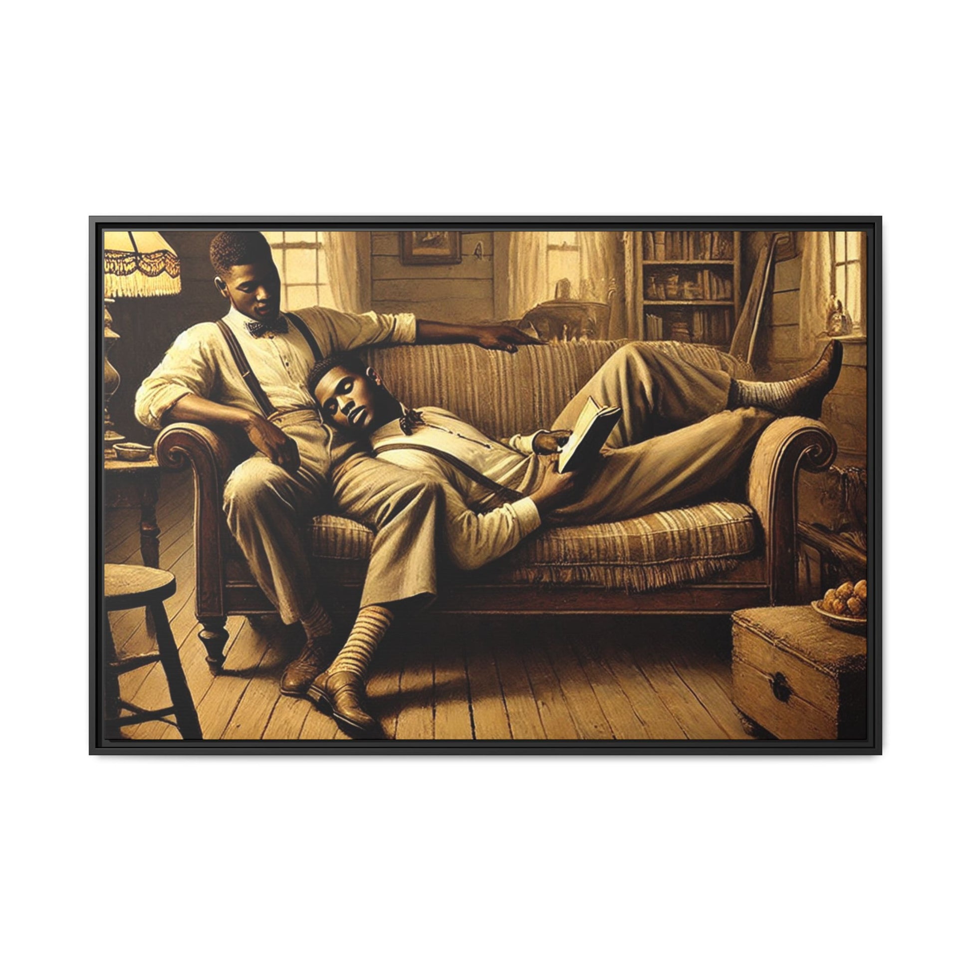 Framed artwork of an African-American gay couple sharing an intimate moment on a rustic sofa, inspired by Grant Wood’s style