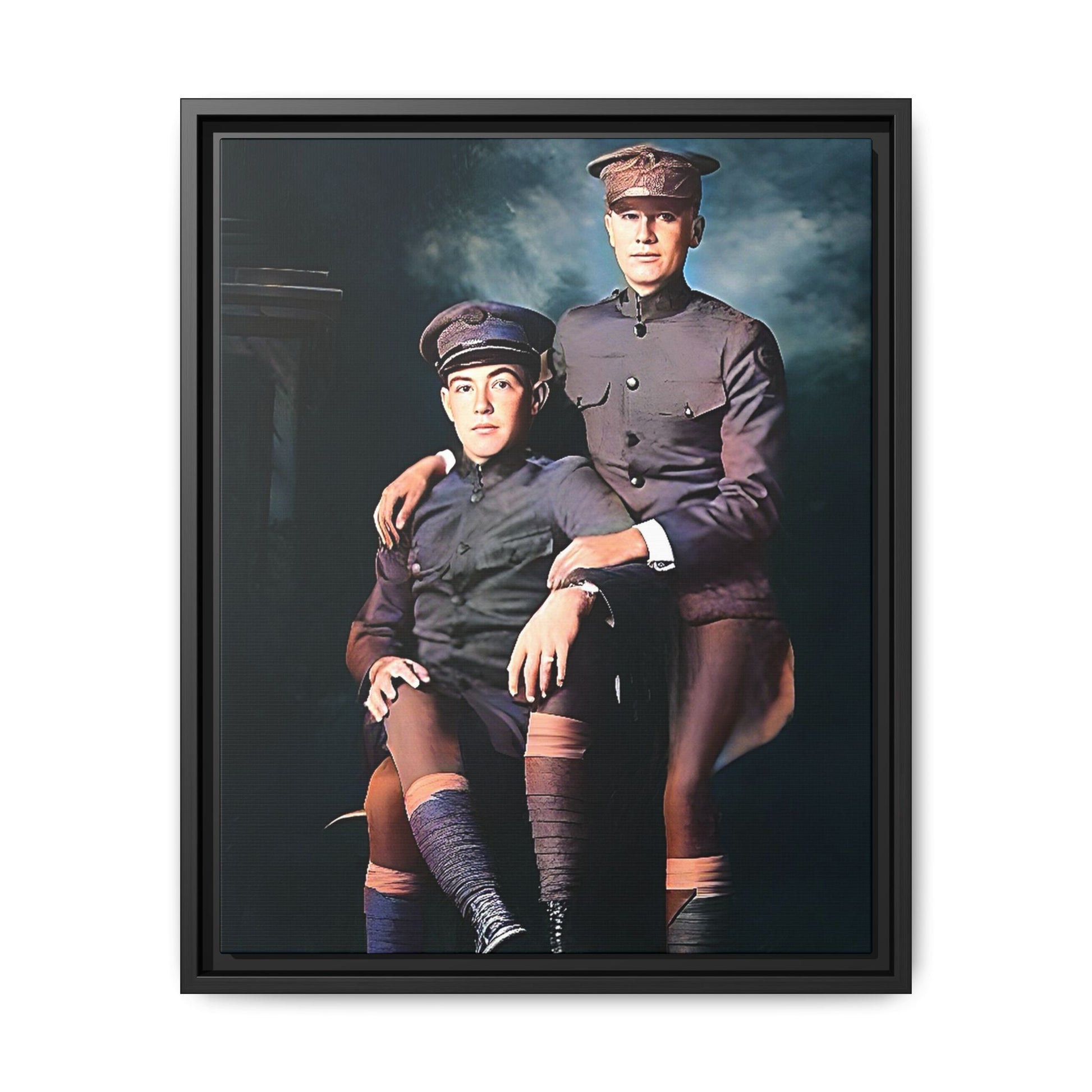 Restored WWI-era photo of Frederick & Hugh, gay soldiers seated together in Providence, Rhode Island, framed canvas art.