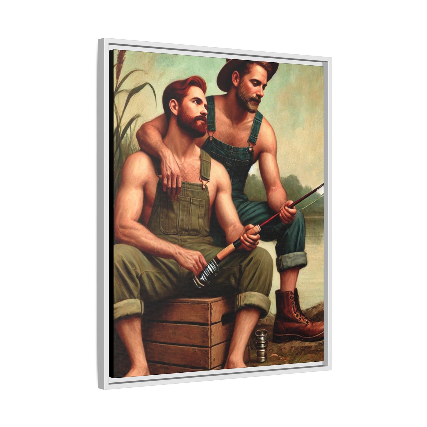 Vintage-style artwork of a gay couple fishing by a tranquil lake in the 1930s, celebrating love and nature.