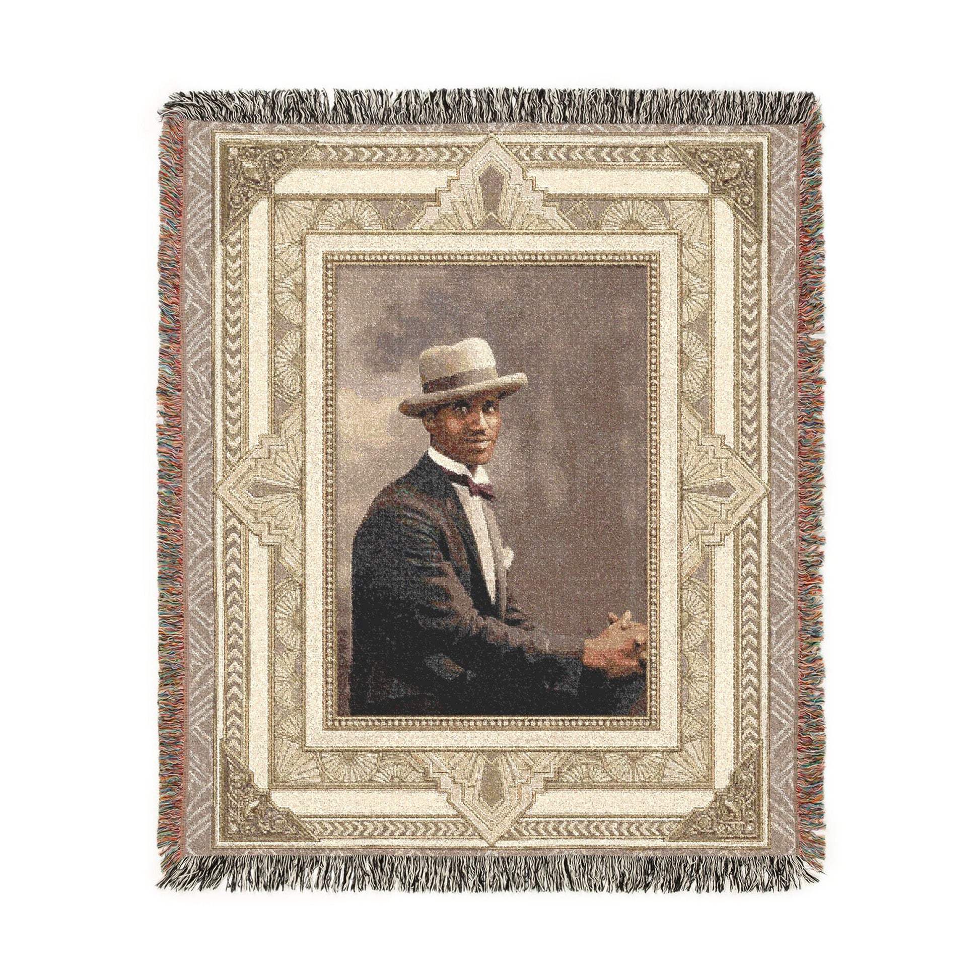 African American man in boater hat woven cotton blanket with fringe in heirloom-style home décor format