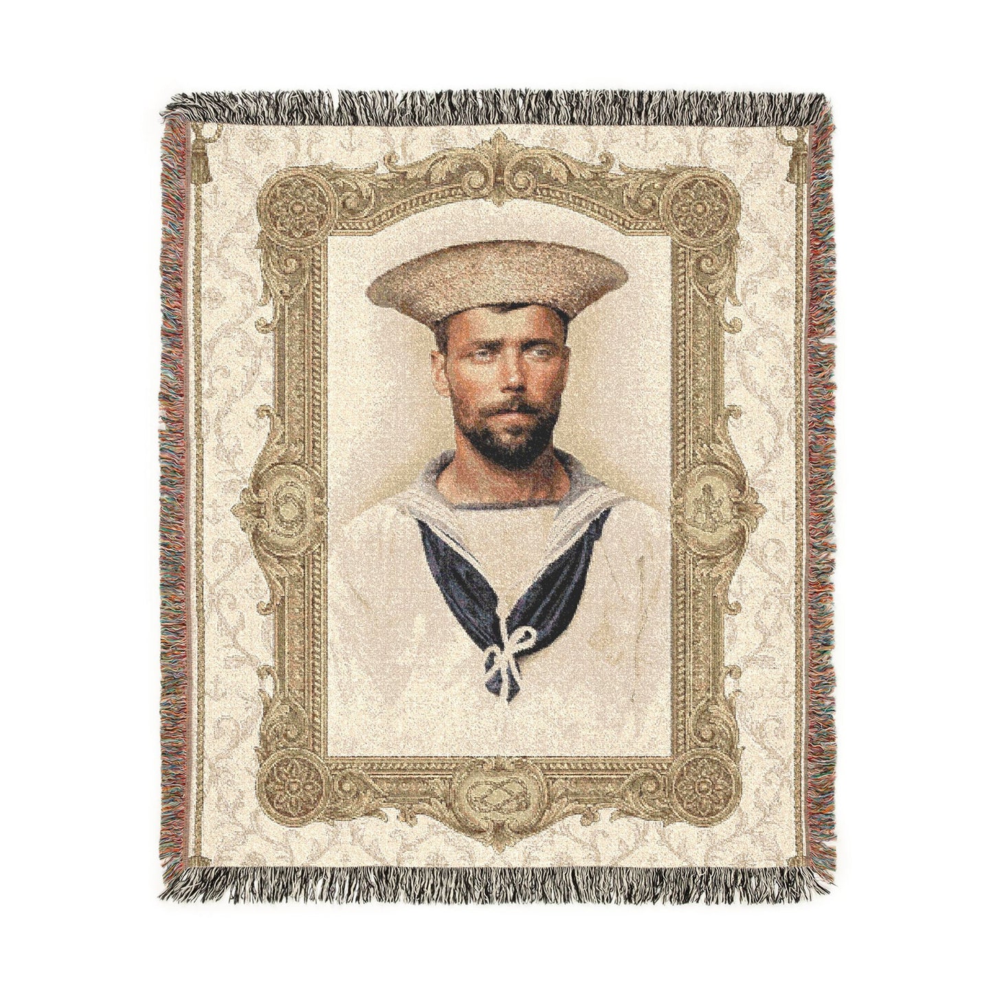 British sailor portrait woven cotton blanket with fringe in heirloom-style home décor format