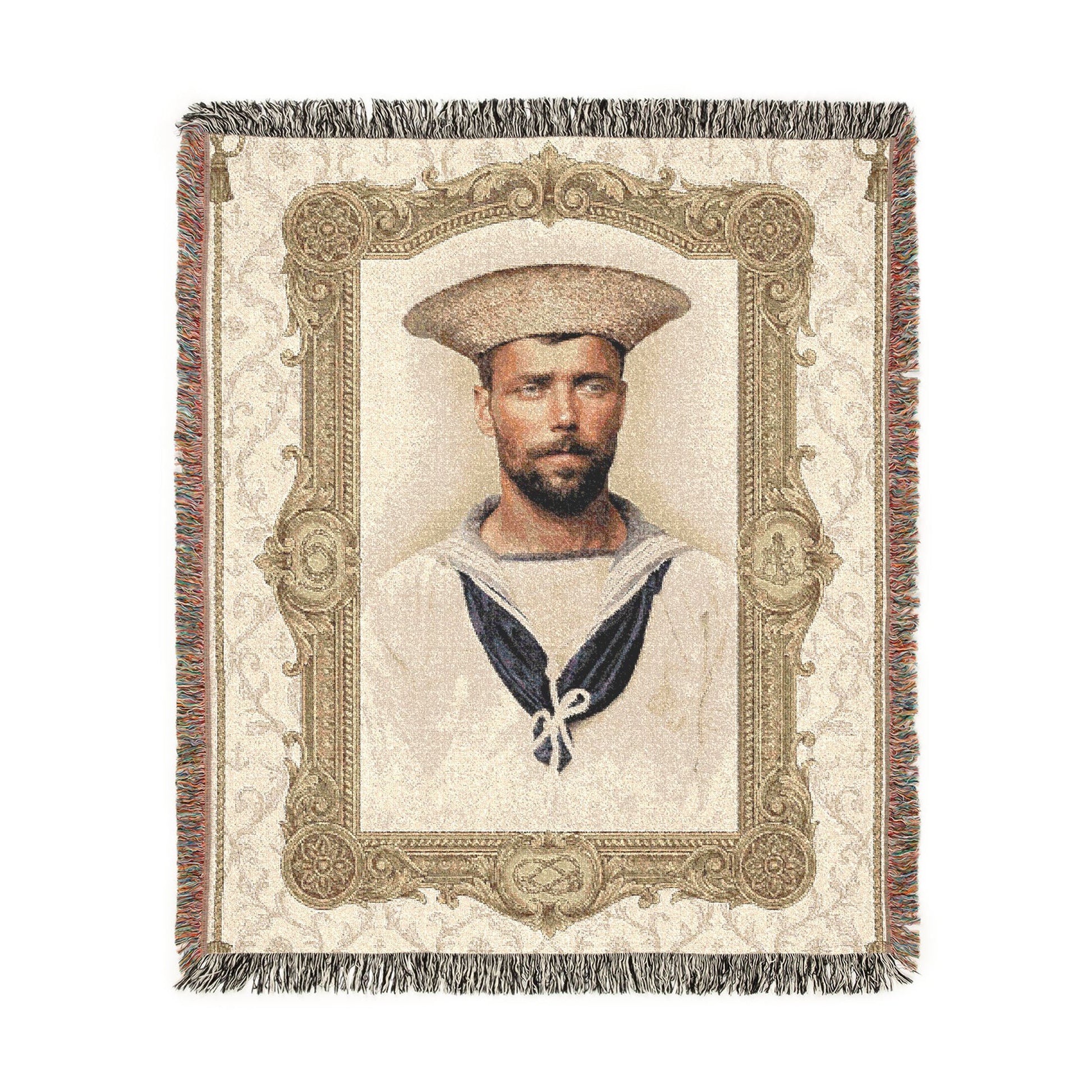 British sailor portrait woven cotton blanket with fringe in heirloom-style home décor format