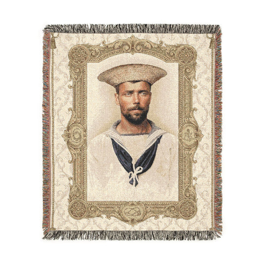 British sailor portrait woven cotton blanket with fringe in heirloom-style home décor format