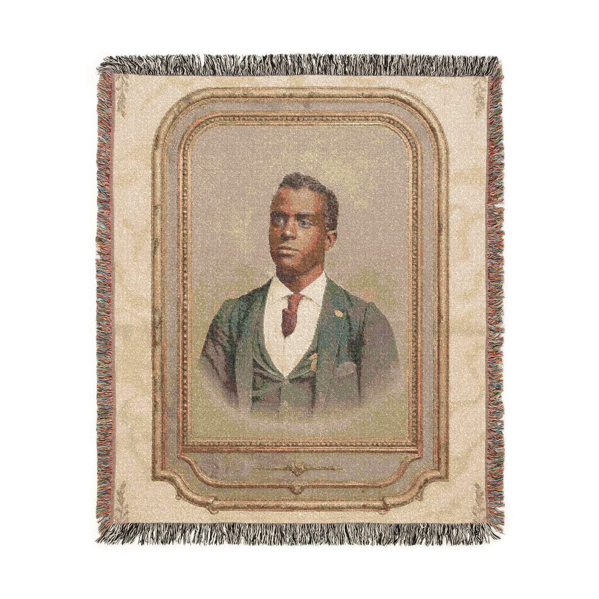 Vintage studio portrait woven cotton blanket with fringe in heirloom-style home décor format