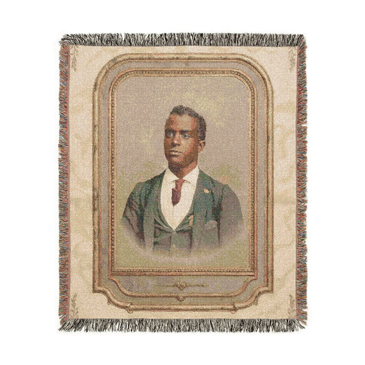 Vintage studio portrait woven cotton blanket with fringe in heirloom-style home décor format
