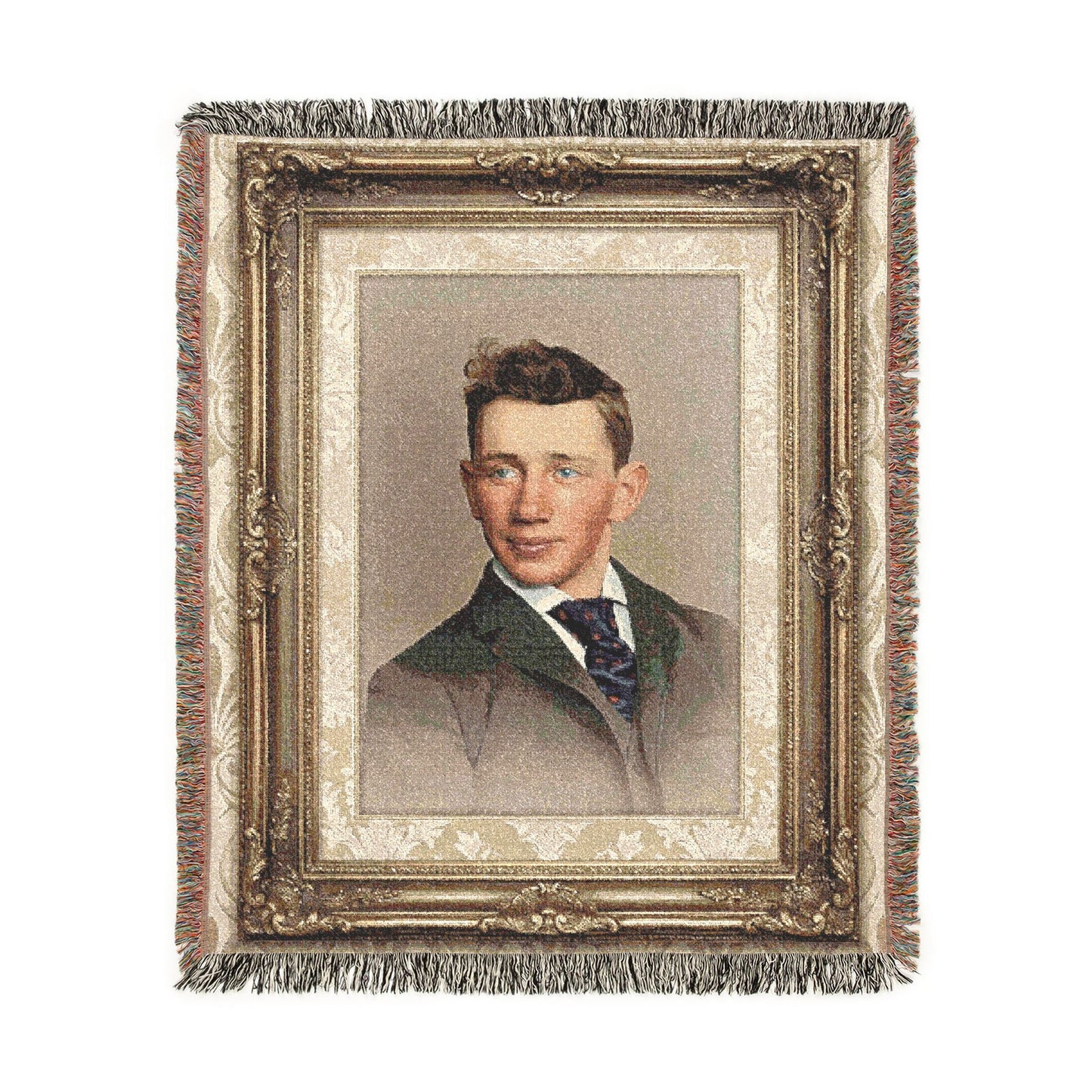 Young man portrait woven cotton blanket with fringe in heirloom-style home décor format
