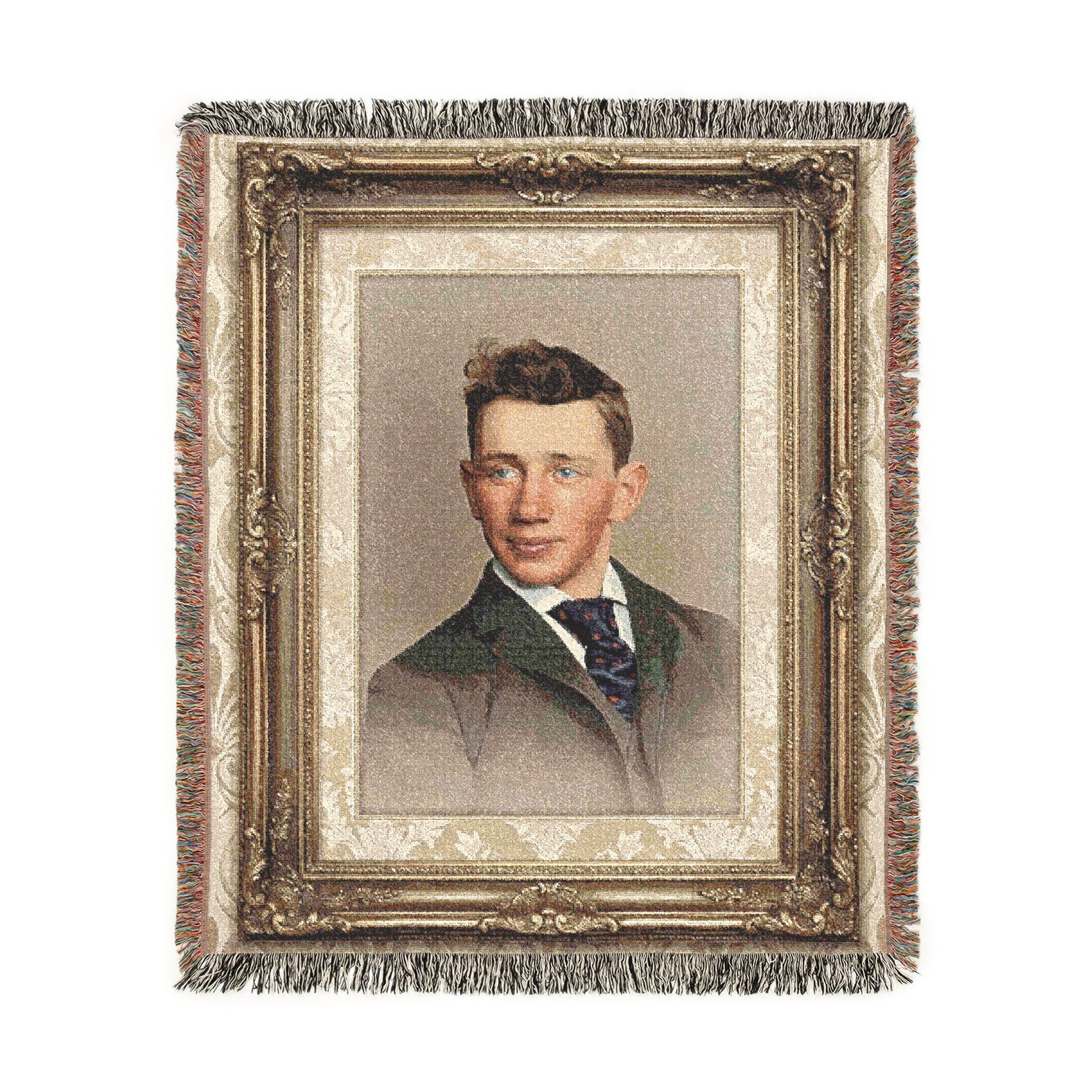 Young man portrait woven cotton blanket with fringe in heirloom-style home décor format