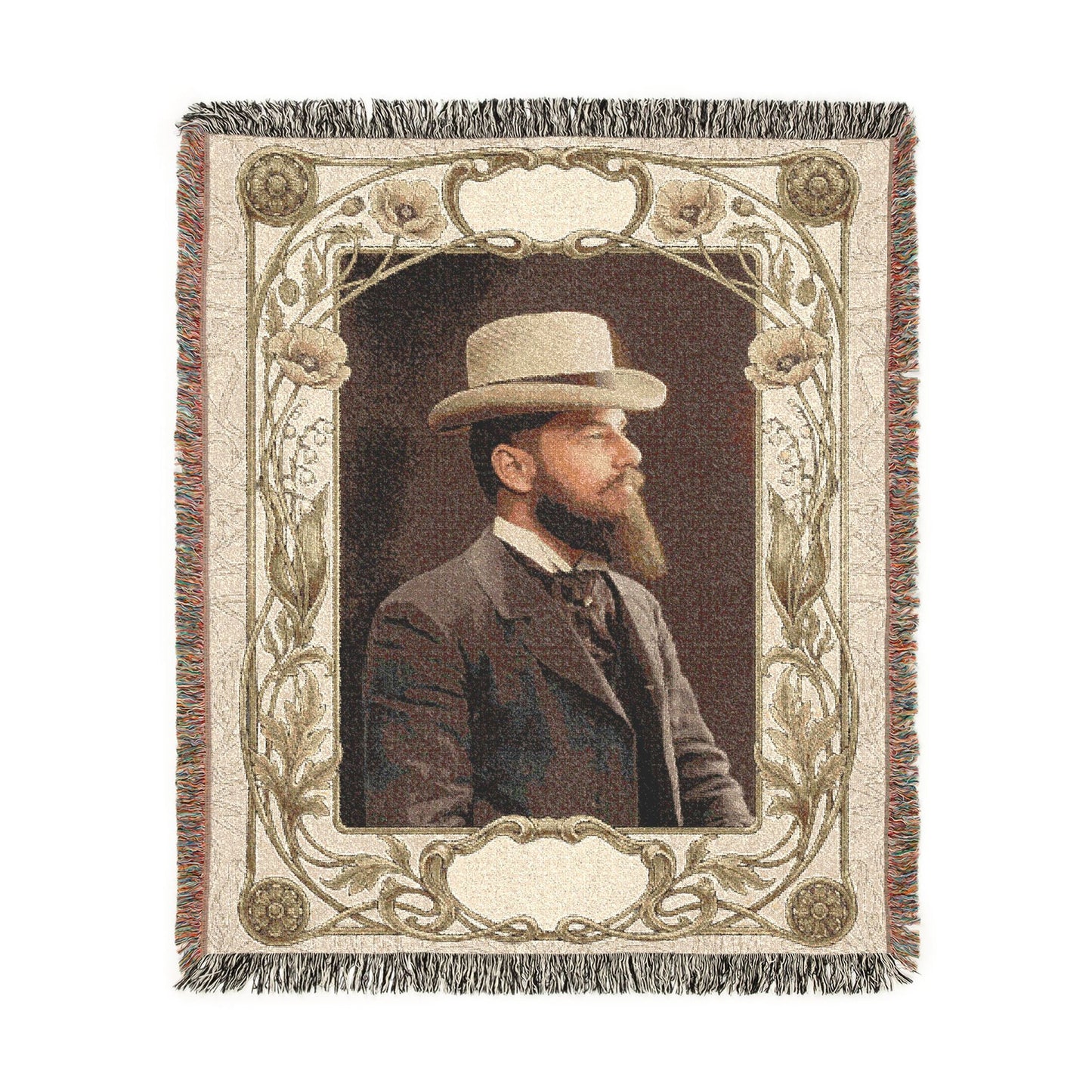 Bearded man portrait woven cotton blanket with fringe in heirloom-style home décor format