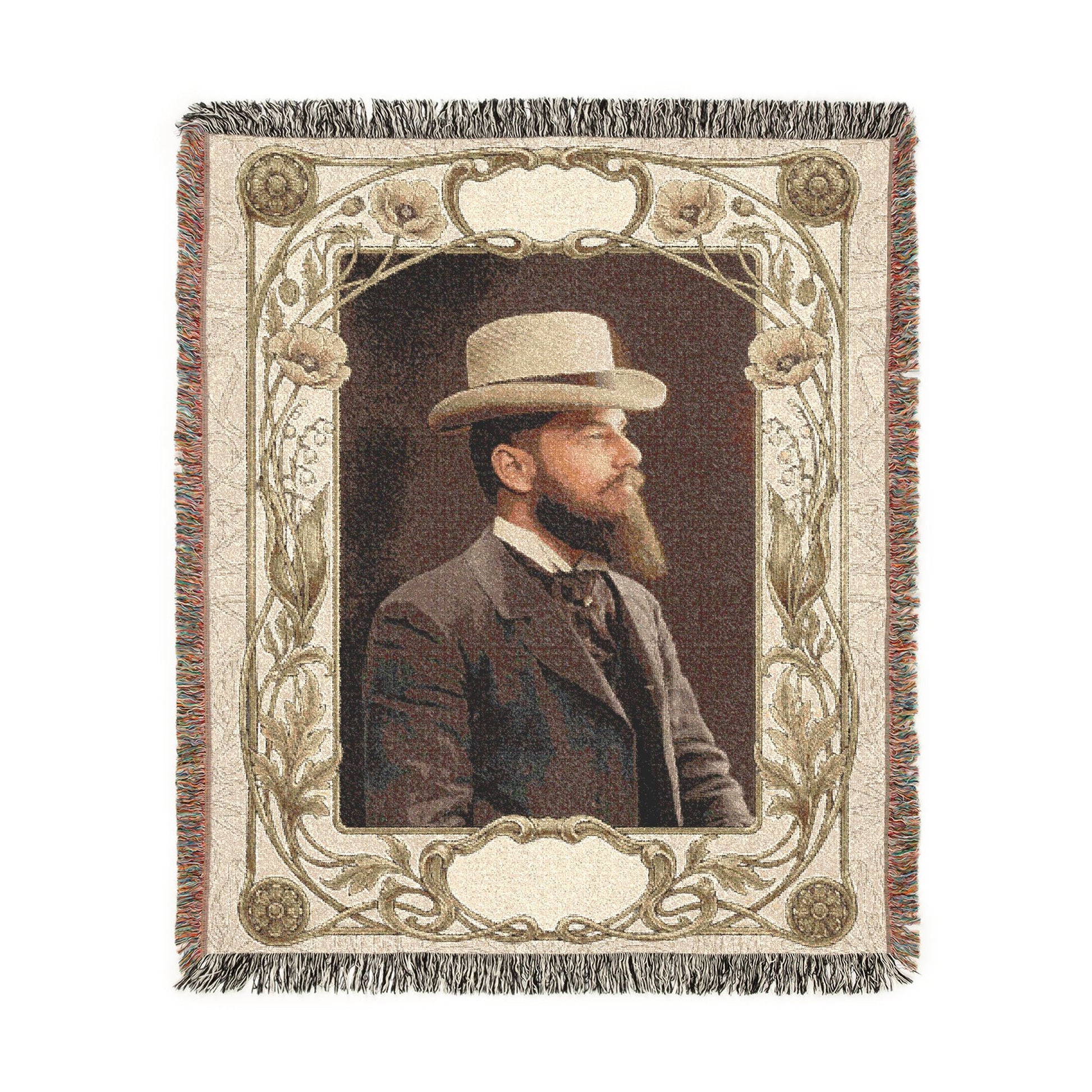 Bearded man portrait woven cotton blanket with fringe in heirloom-style home décor format