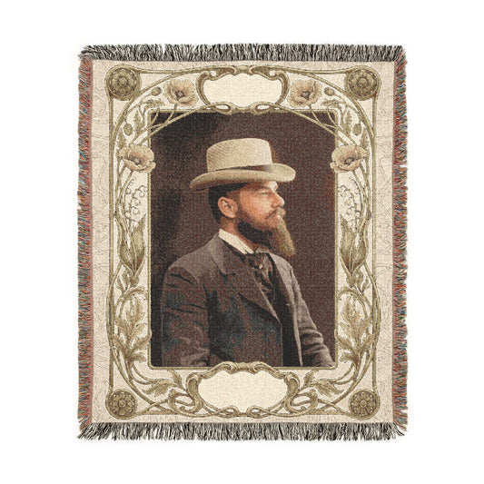 Bearded man portrait woven cotton blanket with fringe in heirloom-style home décor format