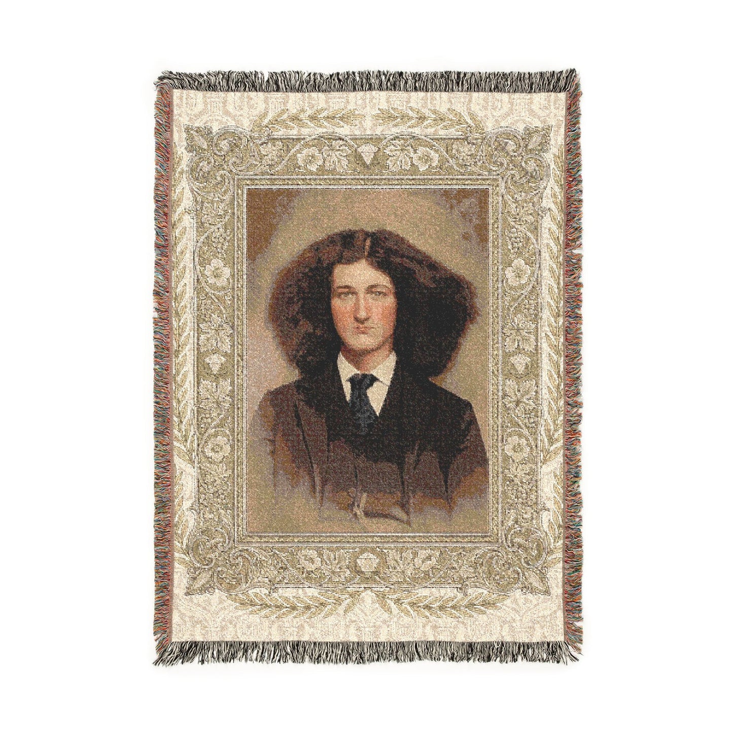 Victorian studio portrait woven cotton blanket with fringe in heirloom-style home décor format