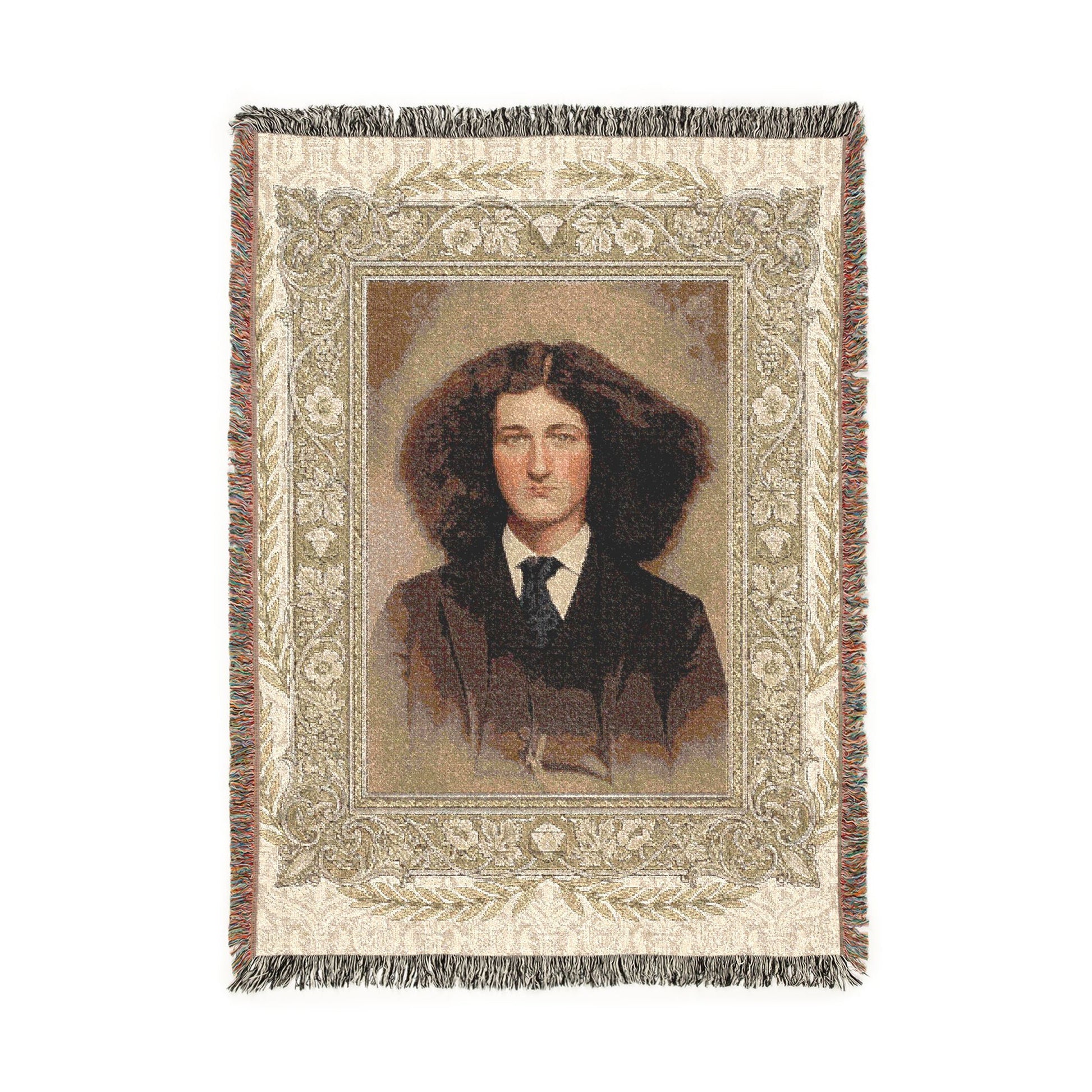 Victorian studio portrait woven cotton blanket with fringe in heirloom-style home décor format