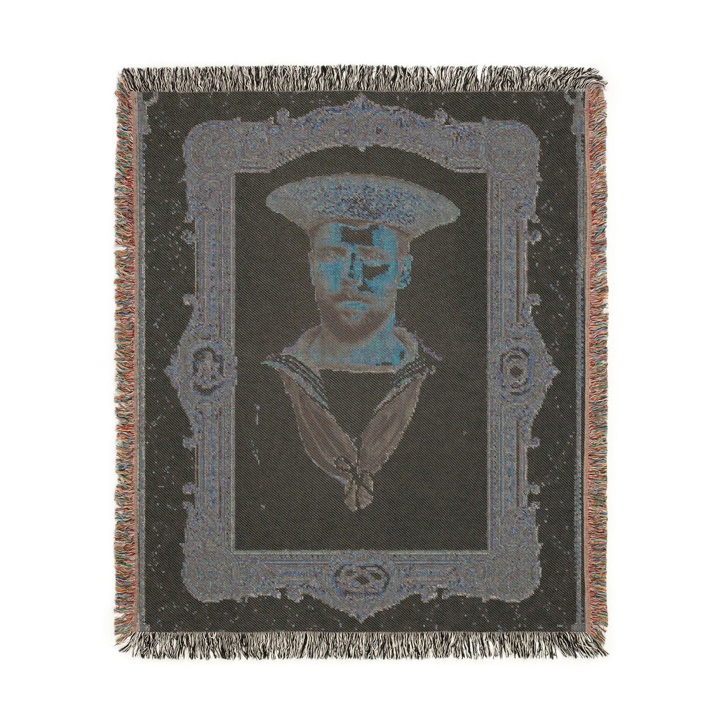Turn-of-the-century sailor portrait blanket in cotton textile form with visible woven texture