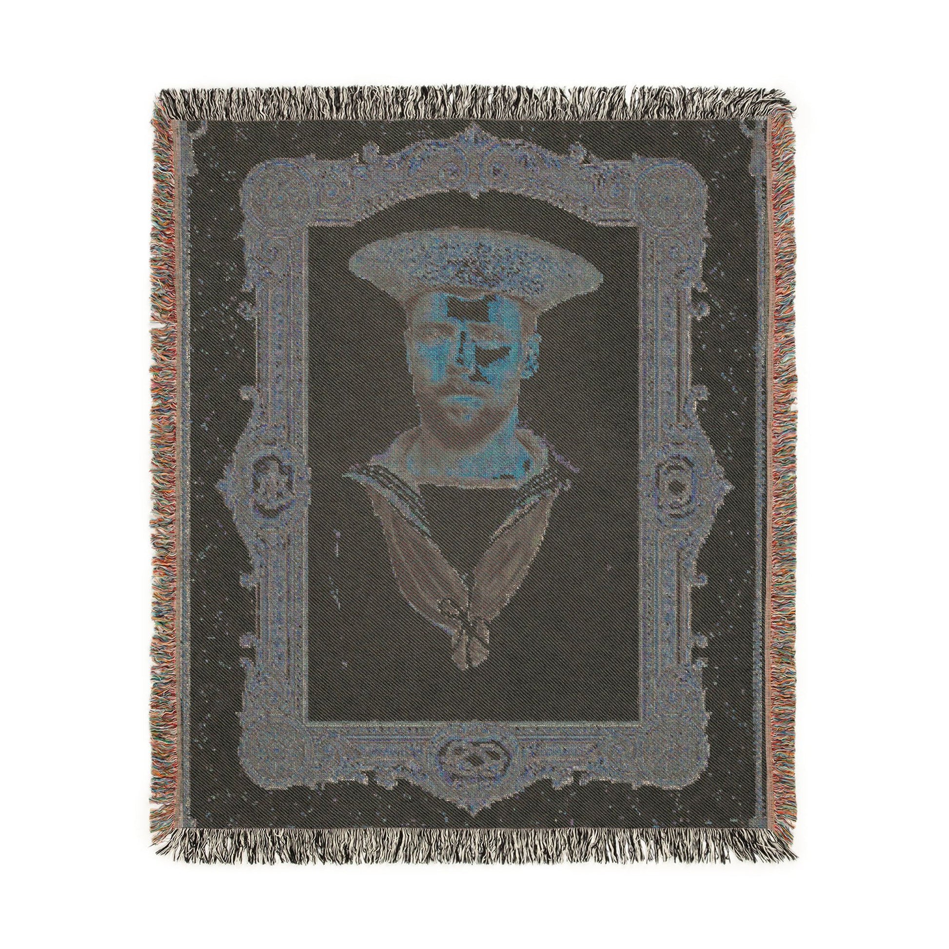 Turn-of-the-century sailor portrait blanket in cotton textile form with visible woven texture