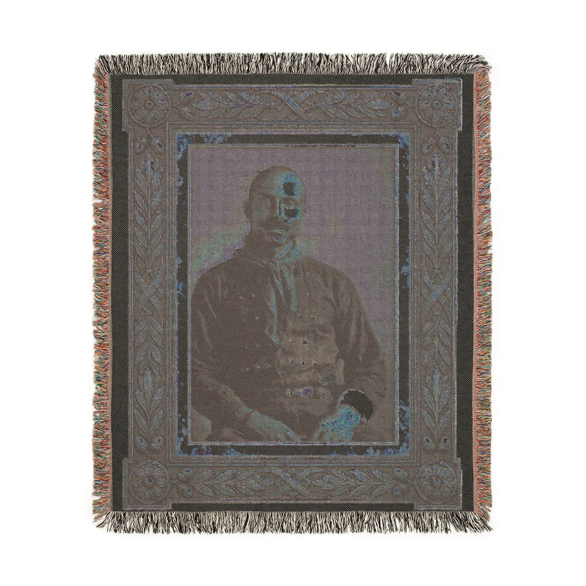 Historical portrait blanket featuring a restored 1890s gentleman photograph with woven texture