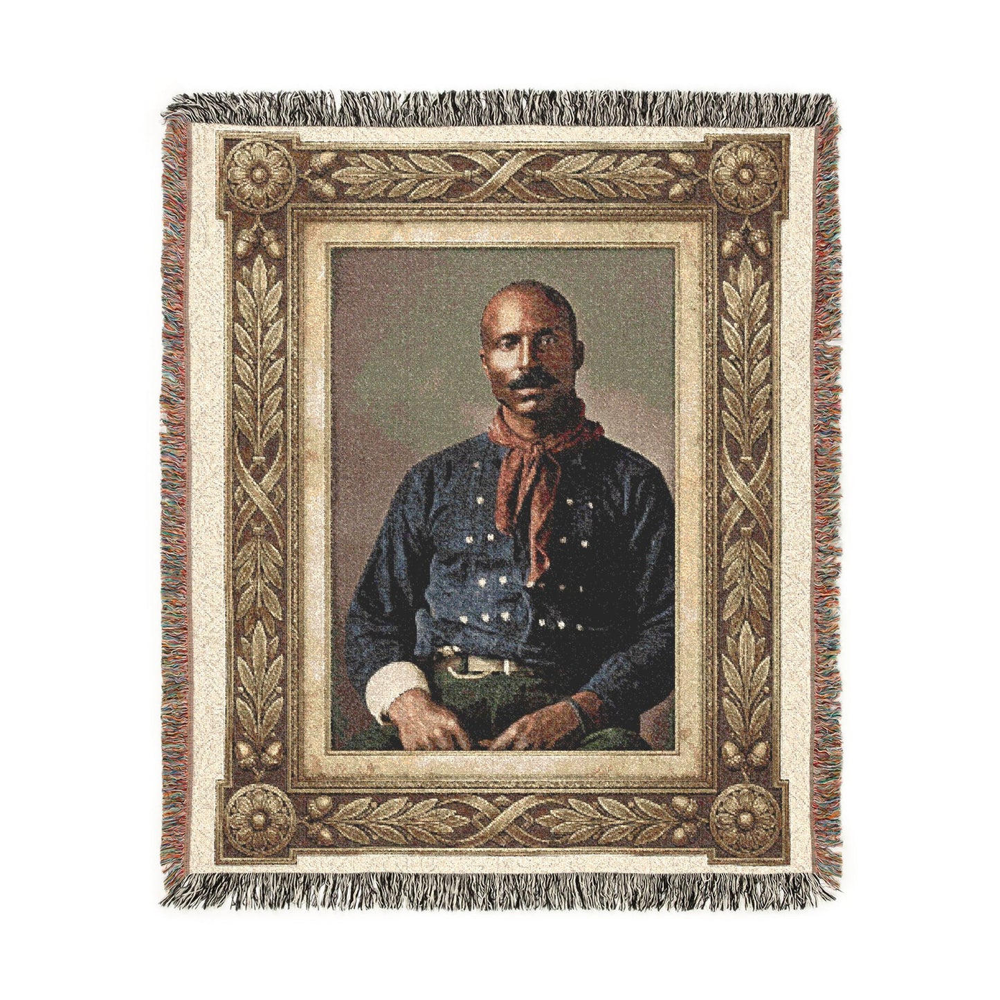 Vintage gentleman portrait woven cotton blanket with fringe draped as heirloom home décor