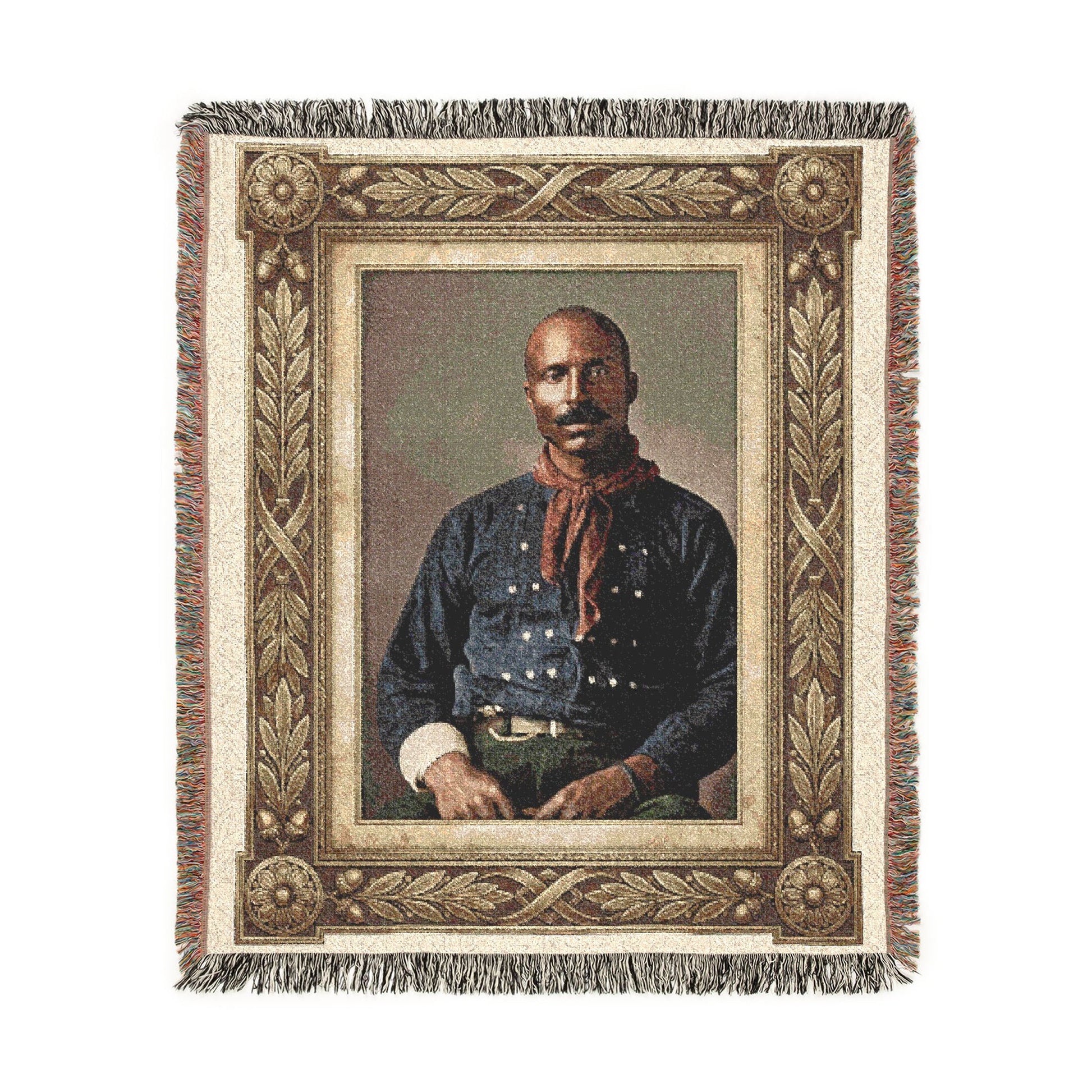 Vintage gentleman portrait woven cotton blanket with fringe draped as heirloom home décor
