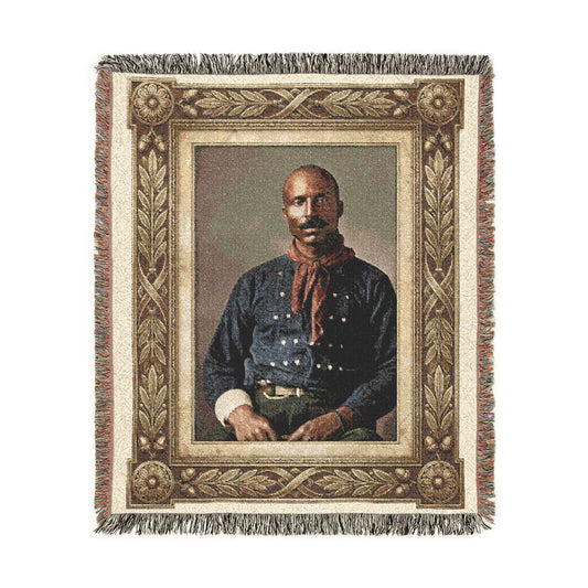 Vintage gentleman portrait woven cotton blanket with fringe draped as heirloom home décor
