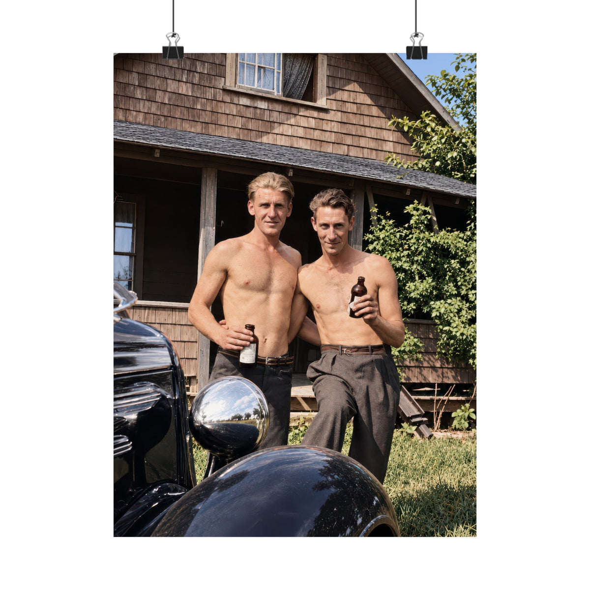 Restored historical photograph showing a polished automobile headlamp, wooden shingles, an upper window, and two men holding bottles.