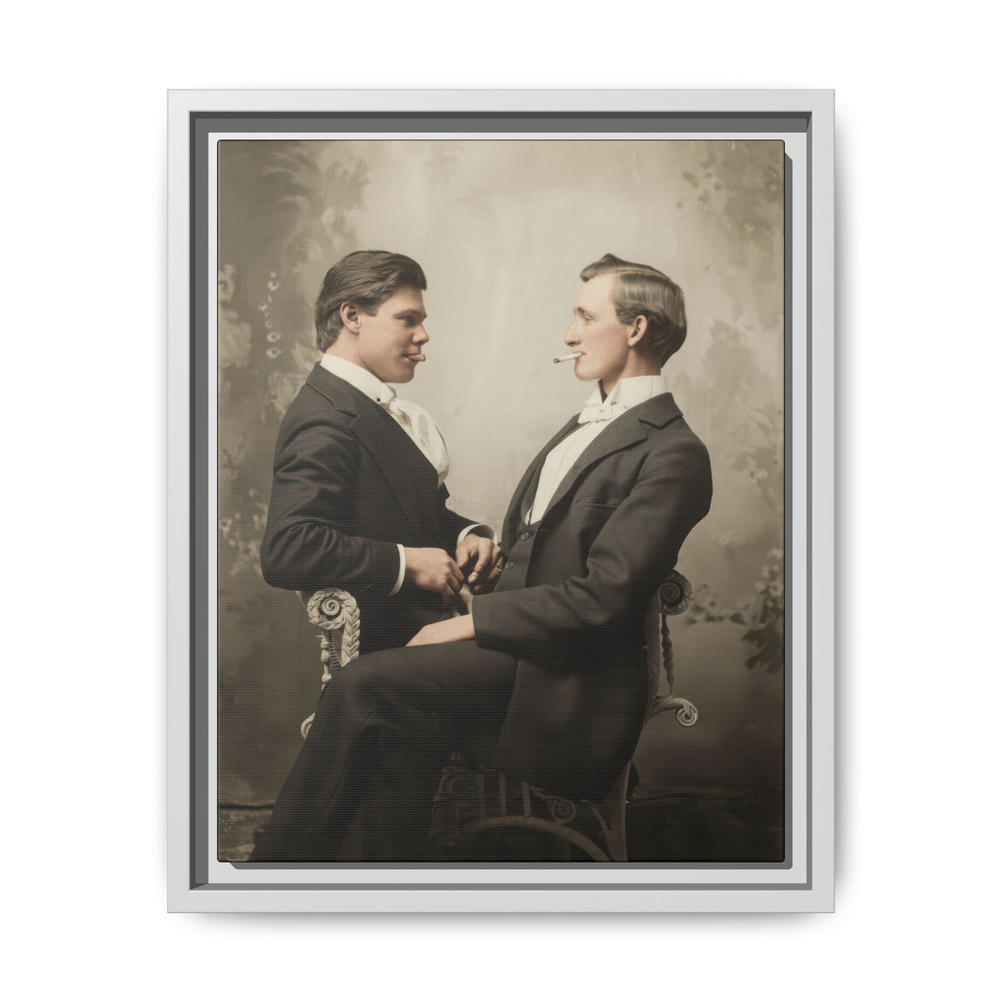 Historical formalwear portrait with bow ties and seated pose vintage canvas print
