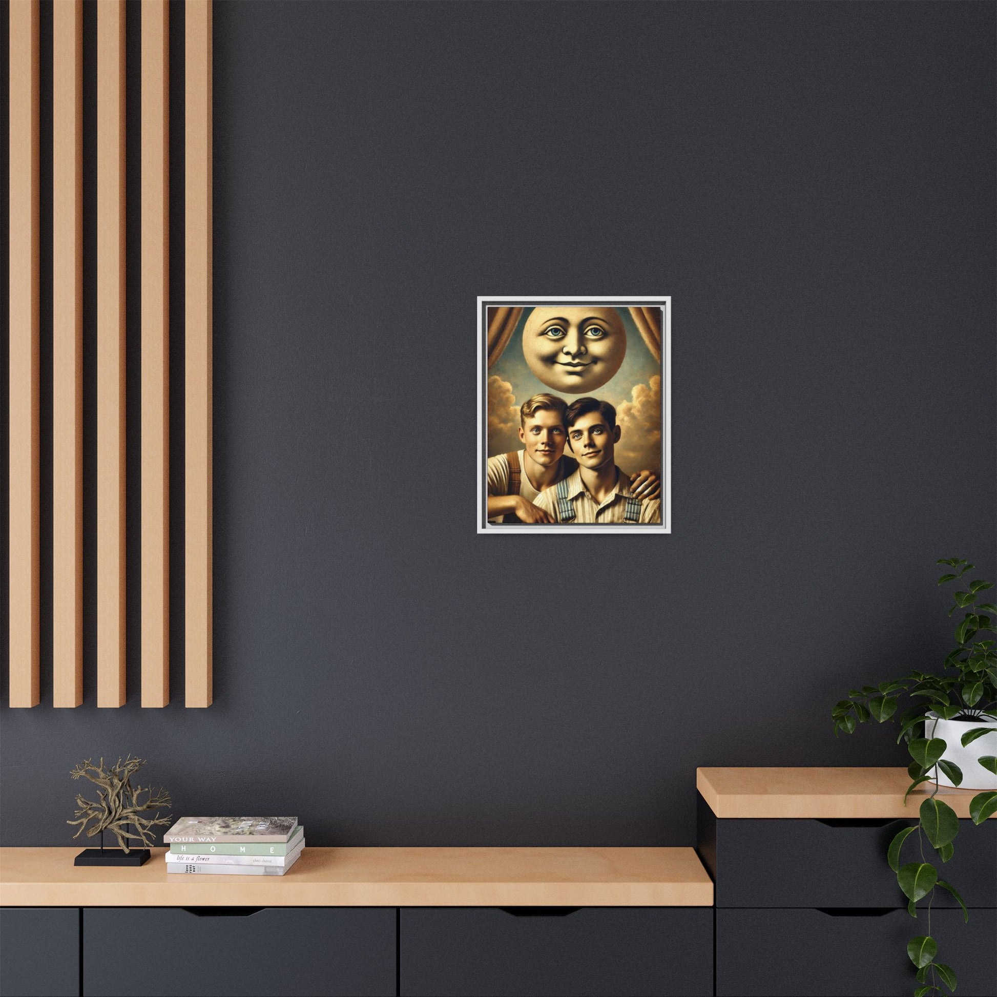 Framed matte canvas portrait featuring two young men in vintage overalls with a crescent moon prop above them. This artwork from the Missing Art Studies series reclaims LGBTQ+ imagery that may have been lost to bias, presenting warmth, intimacy, and presence.
