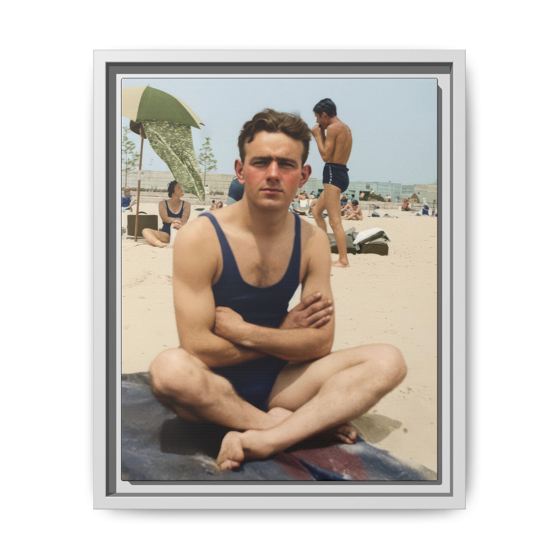 Historical seaside snapshot reproduced as archival canvas wall art with seated foreground figure 