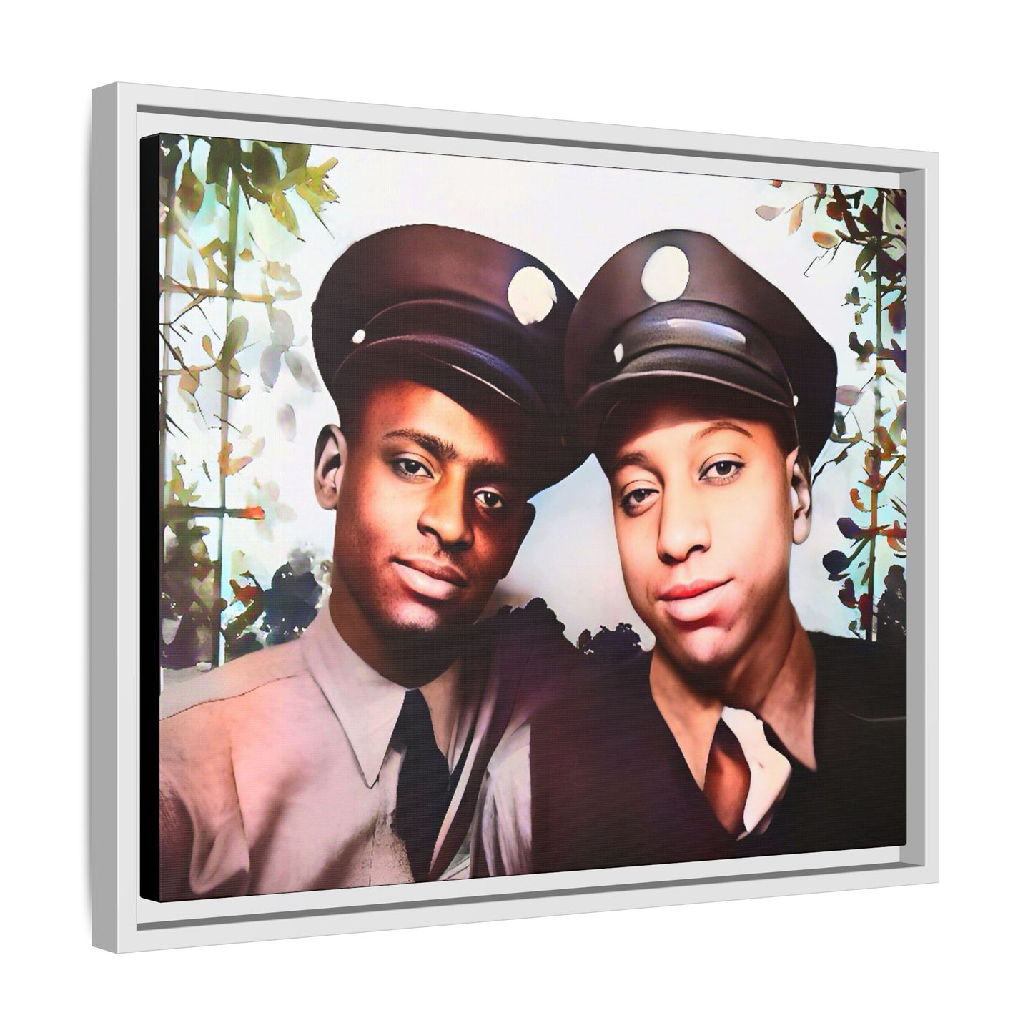 Restored vintage photo of Deion & Marcus, an African-American couple in uniforms, Lexington KY, framed canvas art