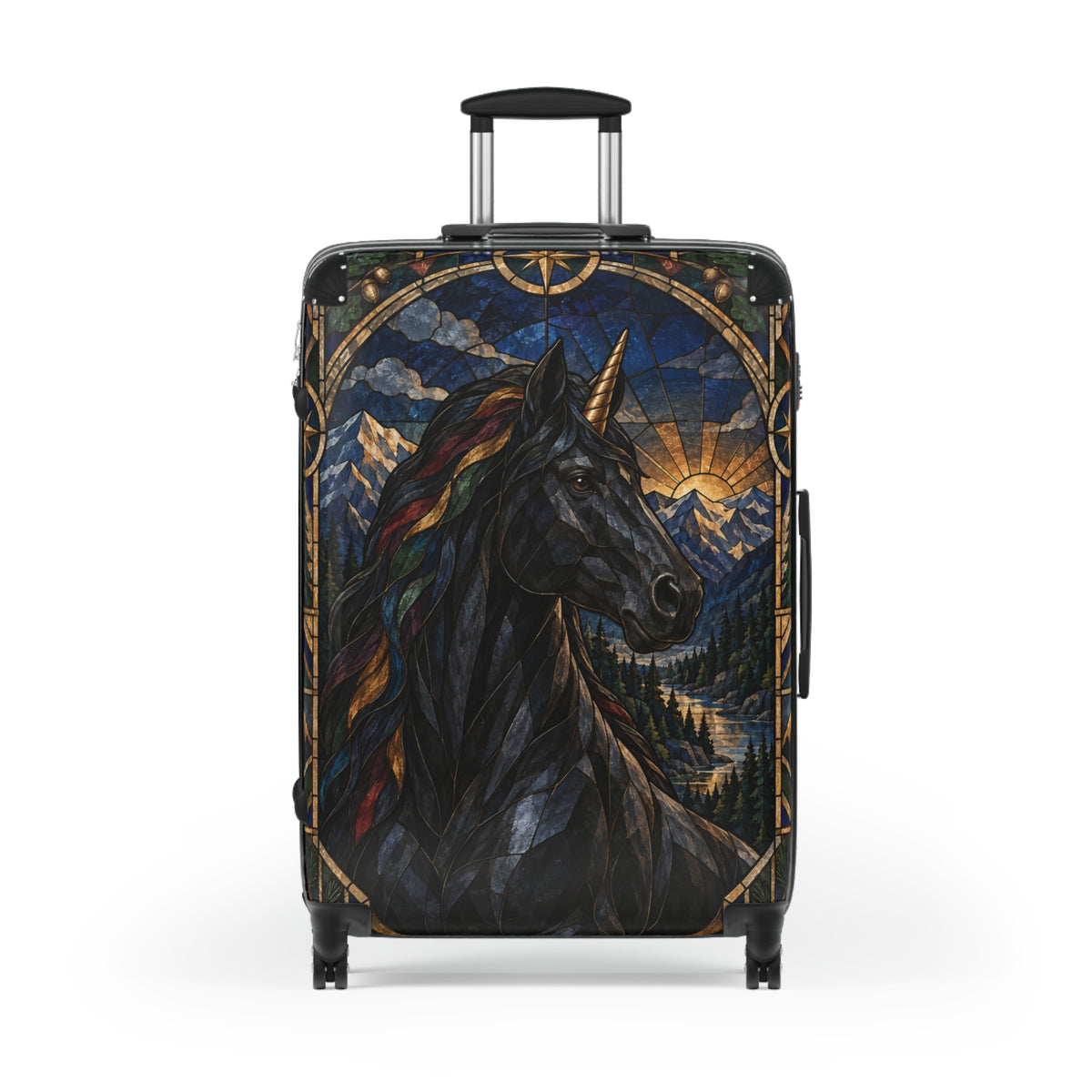 Guardian of the Rainbow Vale | Black Unicorn Stained-Glass Carry-On Suitcase