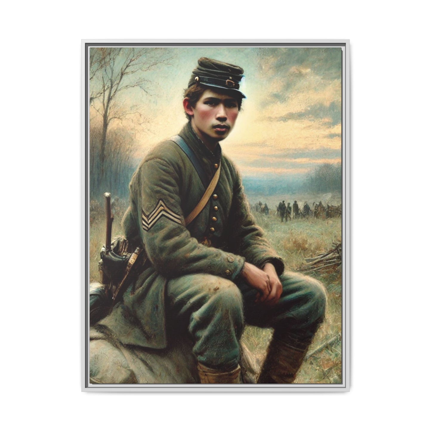 Framed artwork of a Civil War Union soldier inspired by Walt Whitman’s Leaves of Grass and Drum-Taps, depicting themes of sacrifice, strength, and vulnerability amidst a 19th-century battlefield.