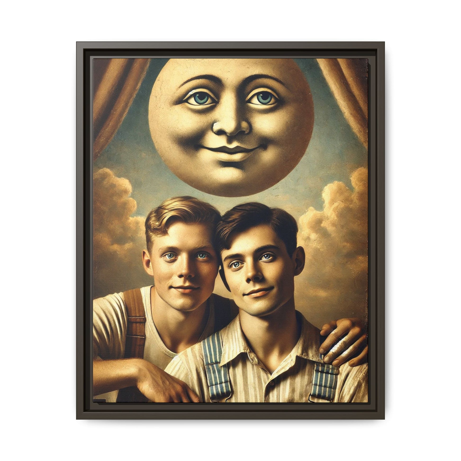 Framed matte canvas portrait featuring two young men in vintage overalls with a crescent moon prop above them. This artwork from the Missing Art Studies series reclaims LGBTQ+ imagery that may have been lost to bias, presenting warmth, intimacy, and presence.