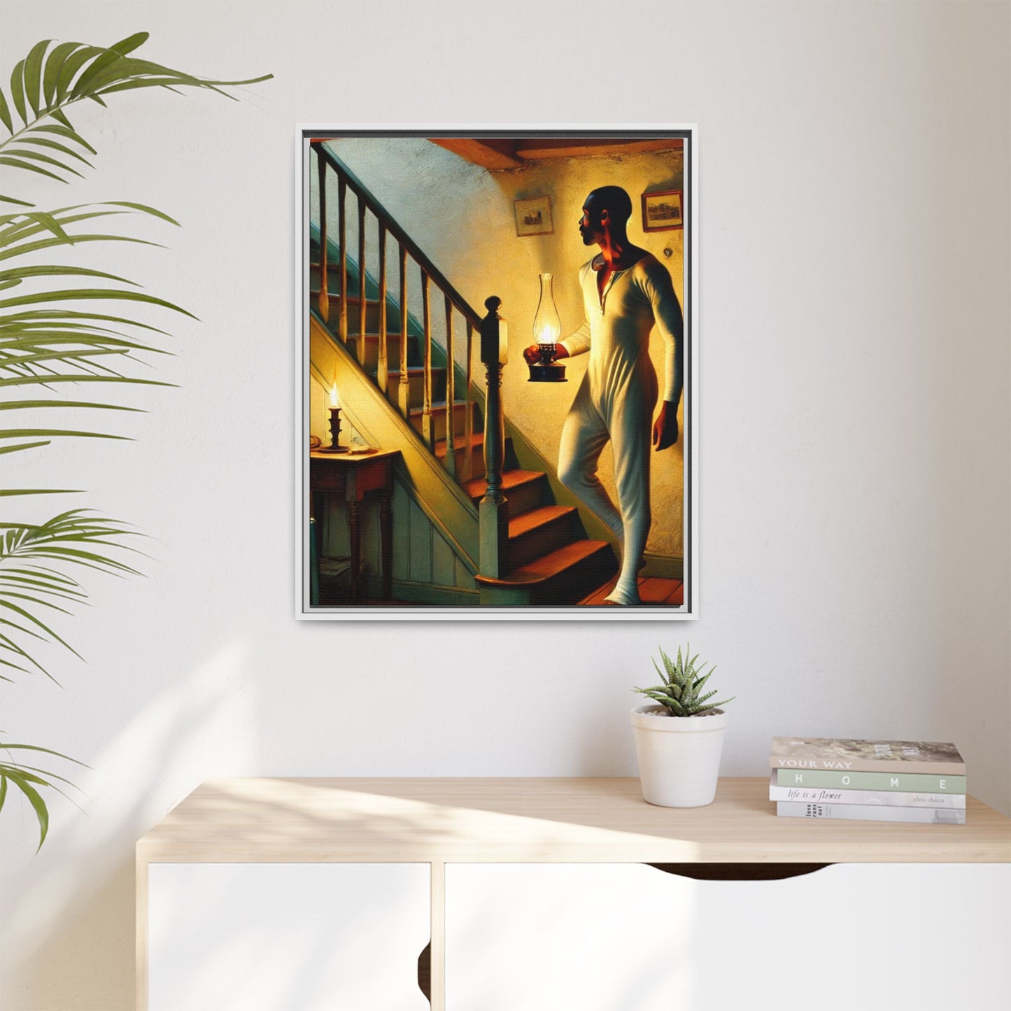 Framed artwork of an African-American man holding a lantern on a staircase, inspired by Grant Wood's style.