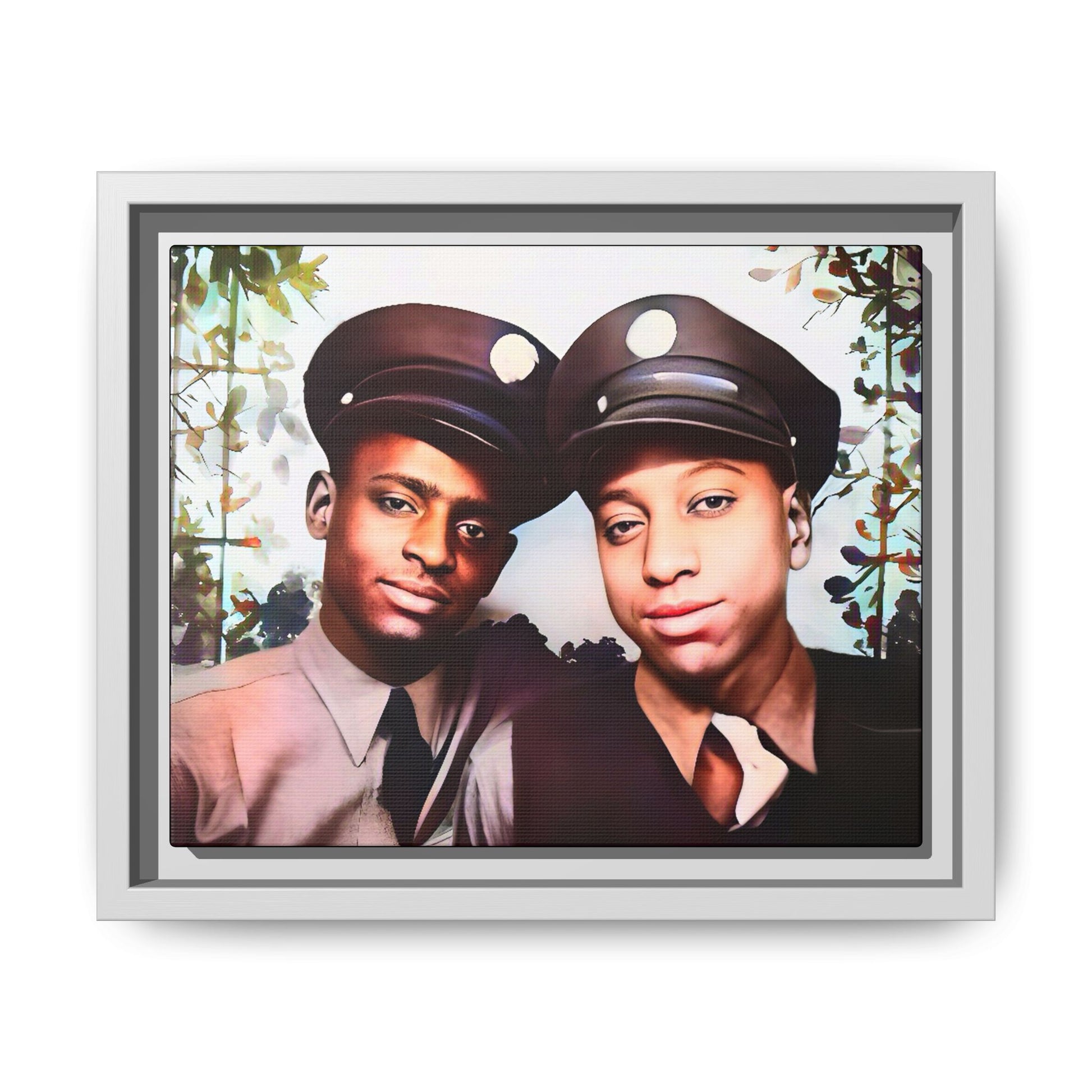 Restored vintage photo of Deion & Marcus, an African-American couple in uniforms, Lexington KY, framed canvas art