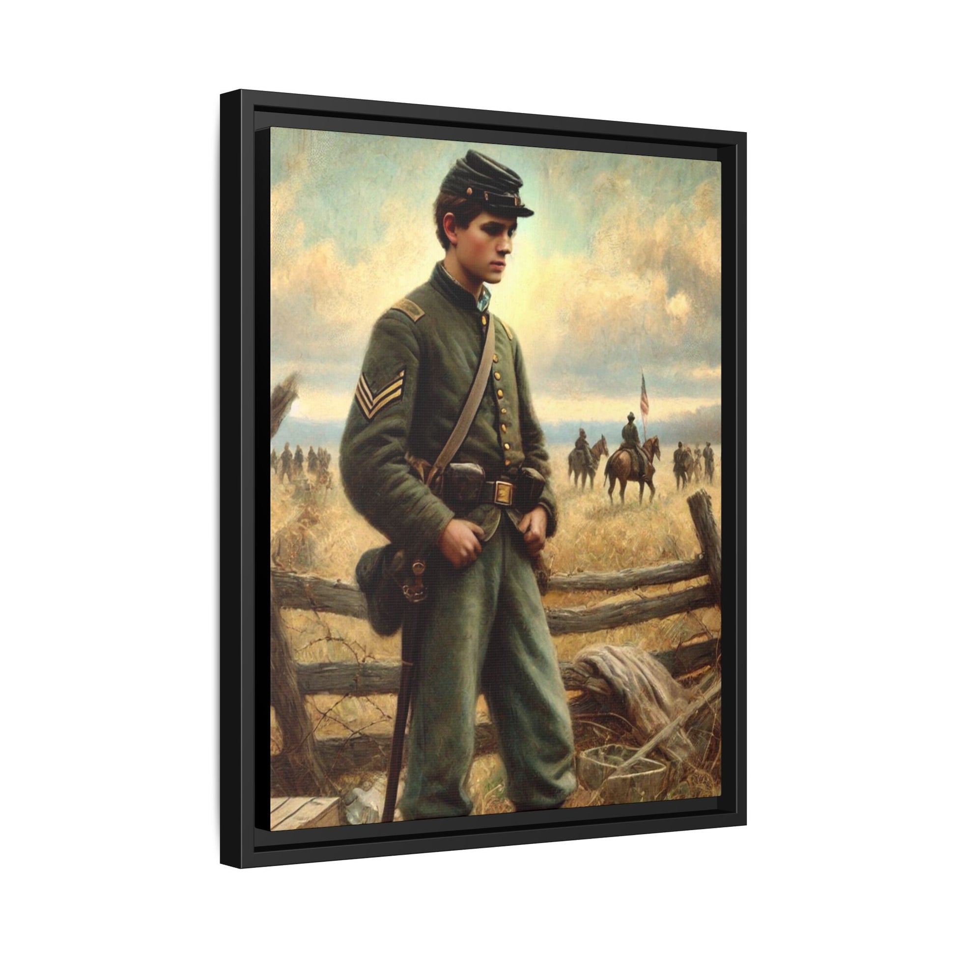 Framed artwork of a young Civil War Union soldier inspired by Walt Whitman’s Drum-Taps poems and Grant Wood's style, depicting battlefield sacrifice, humanity, and historical charm.