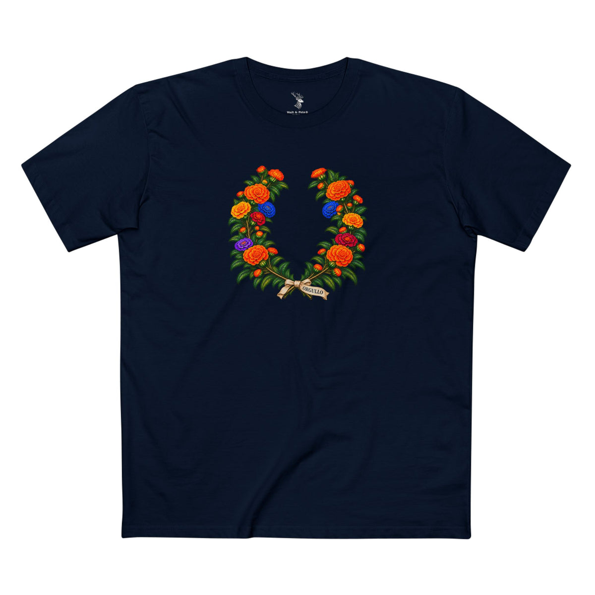 Mexican Cempasúchil Orgullo T-Shirt | Floral LGBTQ+ Pride Laurel Wreath Tee