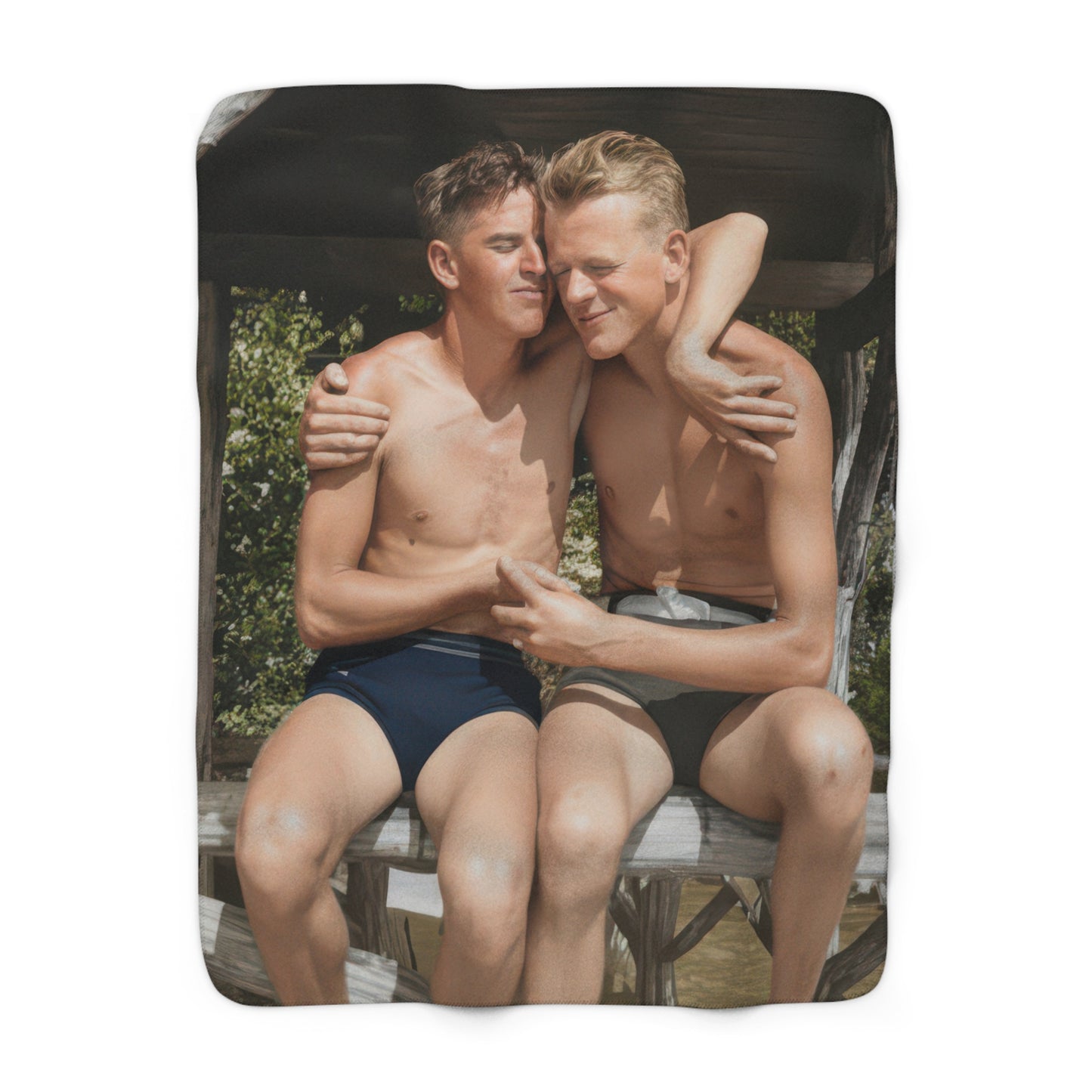 Vintage swim leisure sherpa throw with restored historical summer imagery 