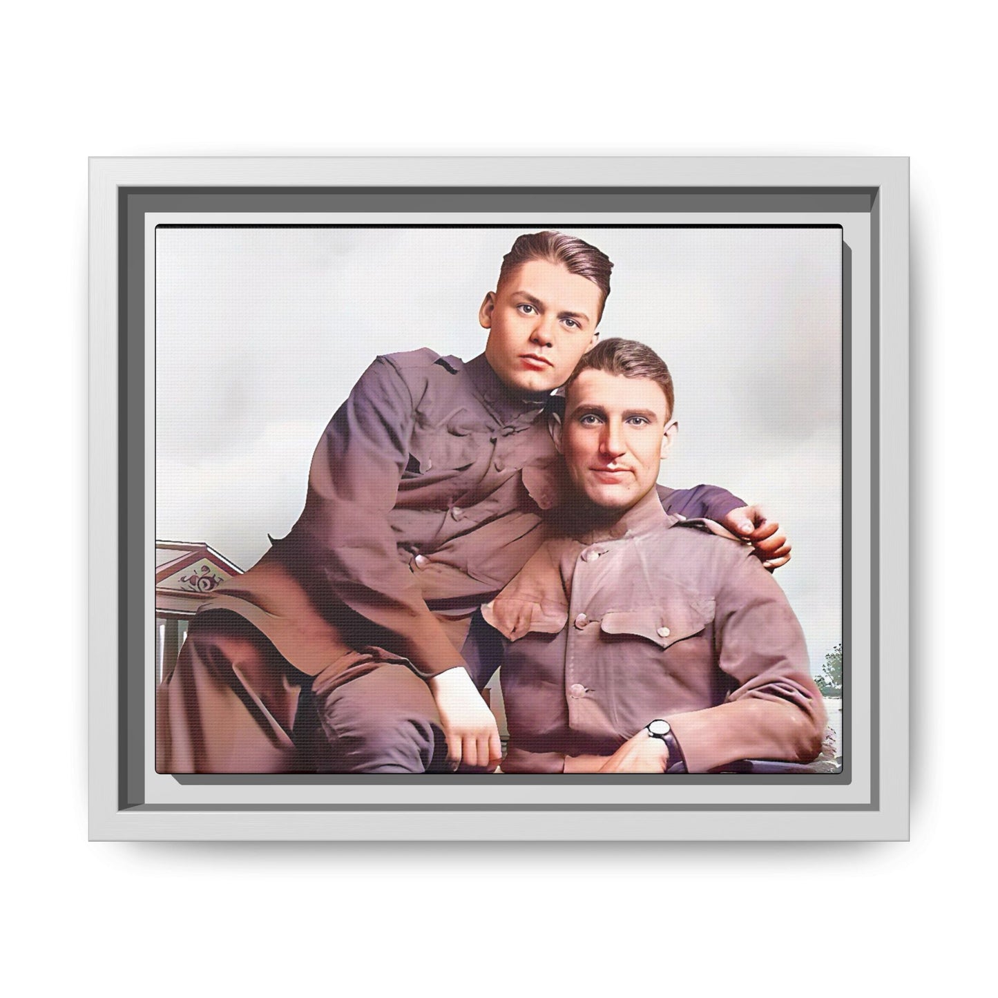 A restored WWII-era portrait of Charlie & Gordon at Debach Airfield, UK. This framed matte canvas captures military camaraderie, resilience, and historical connection, making it a timeless tribute for vintage and aviation collectors. Gay Couple